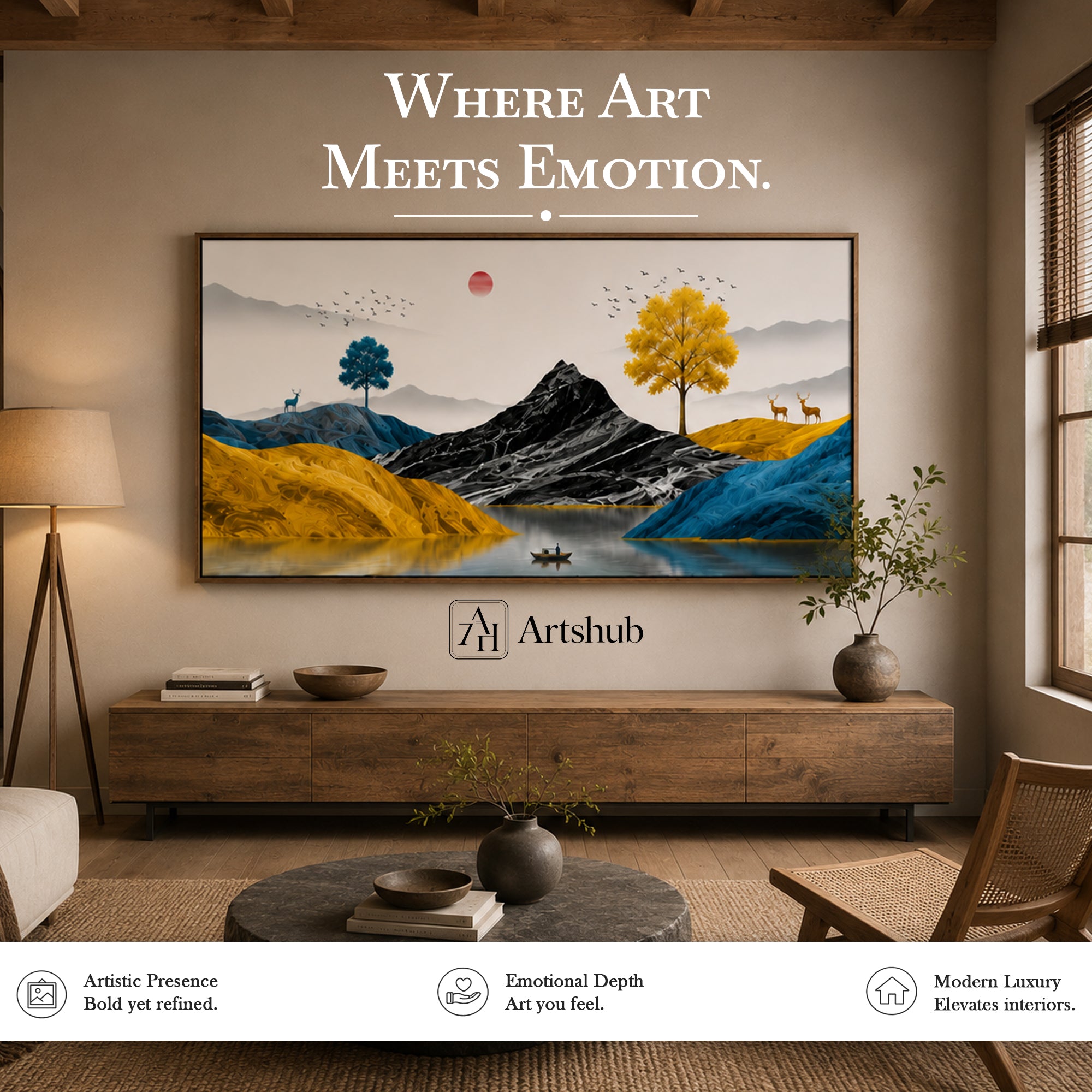 Mystic Waters II by Artshub | Premium Framed Mountain & Deer Landscape Wall Art