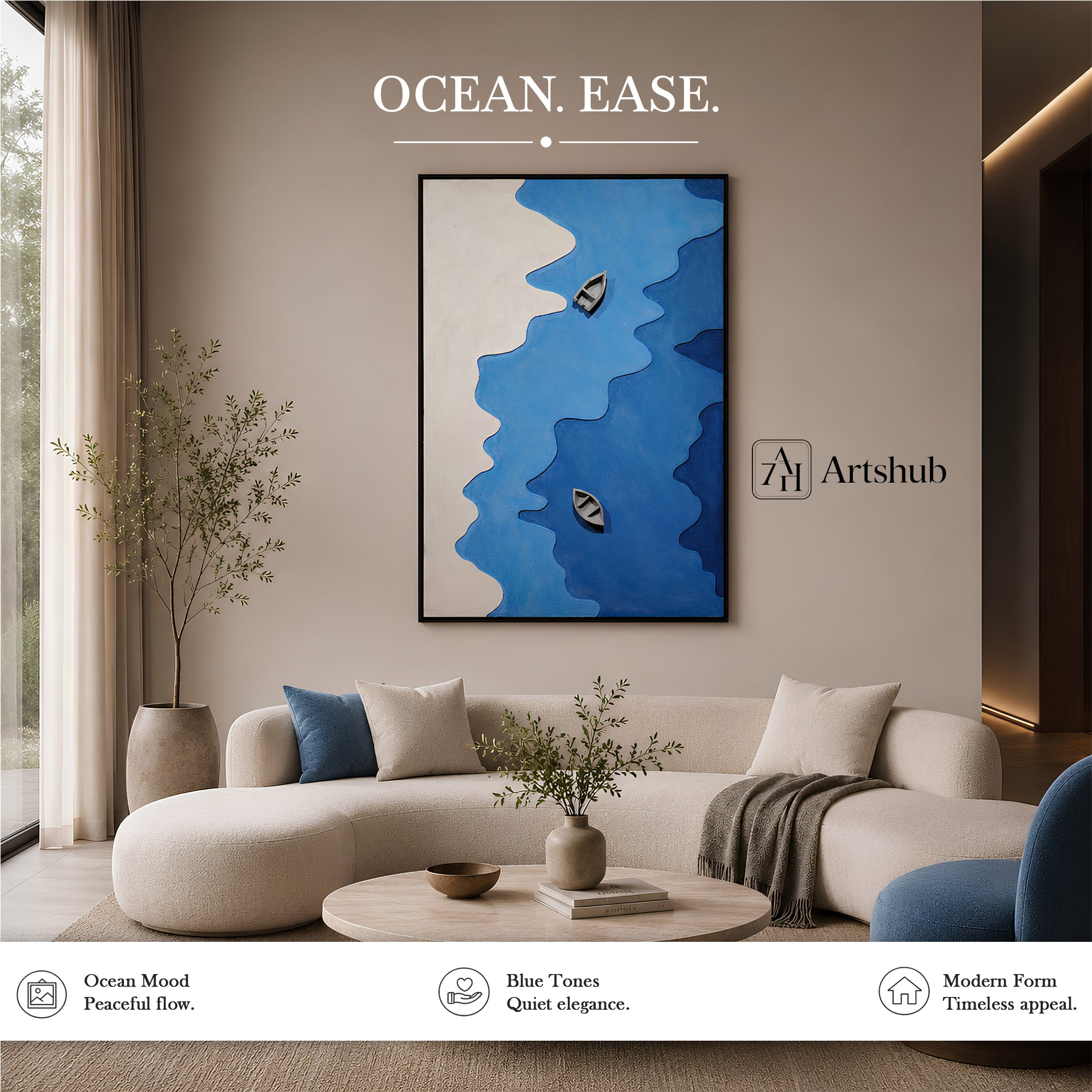 Artshub Ocean Drift – Coastal Blue Boats Vertical Canvas Wall Art