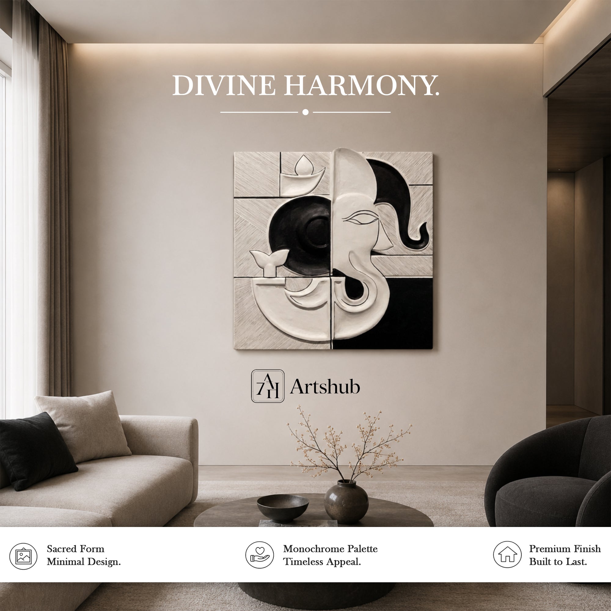 Artshub Divine Symmetry – Ganesha Monochrome Triptych Canvas Wall Art Set of 4