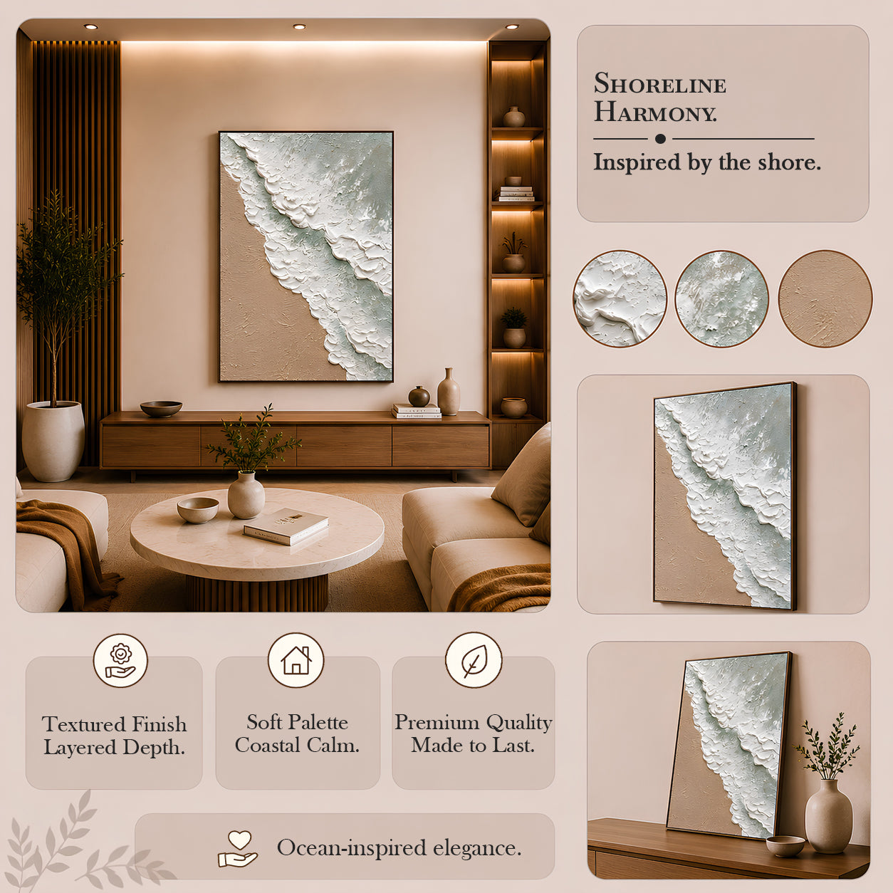 Artshub Shoreline Harmony – Coastal Ocean Wave Textured Canvas Wall Art