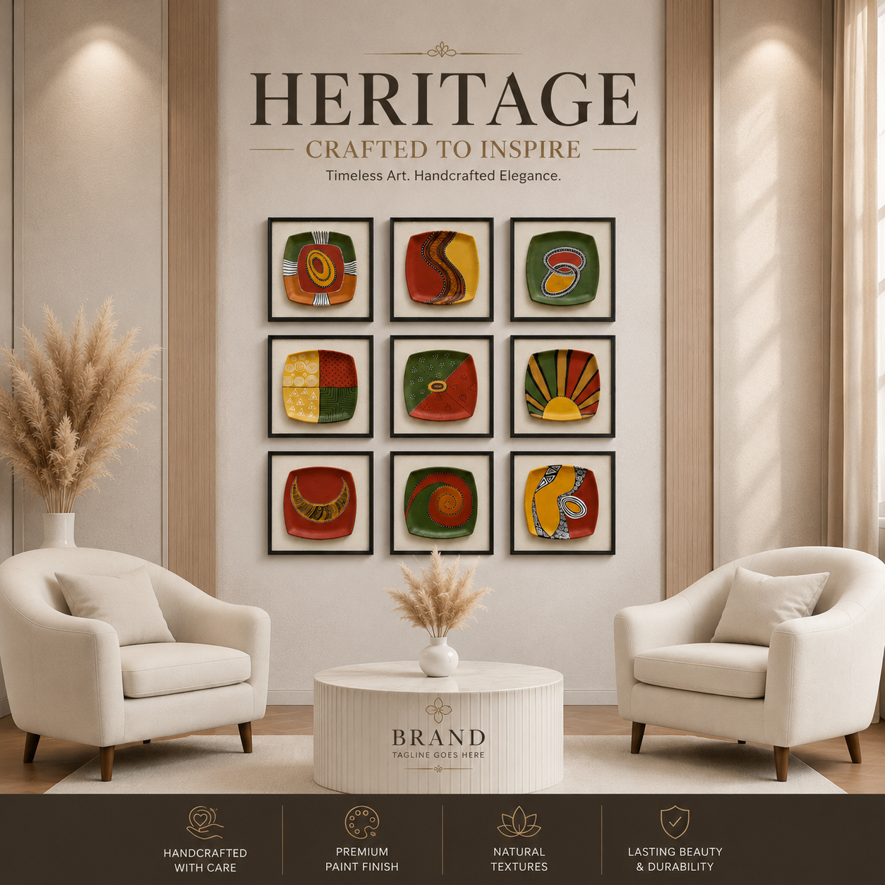 Artshub Tribal Mosaic – Earthy Abstract 9-Panel Framed Gallery Wall Art Set
