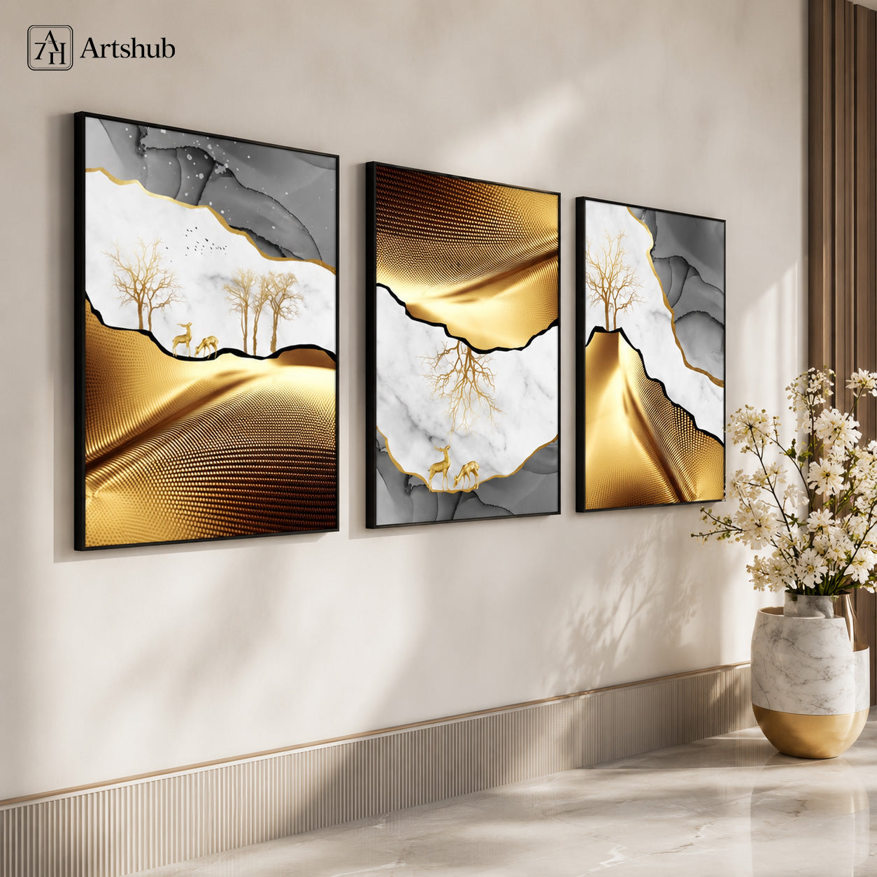 Artshub Golden Harmony Marble Deer Tree triptych 3 panel framed canvas wall art in warm beige entryway corridor with marble vase white flowers and gold accent — gold grey marble matte black frame
