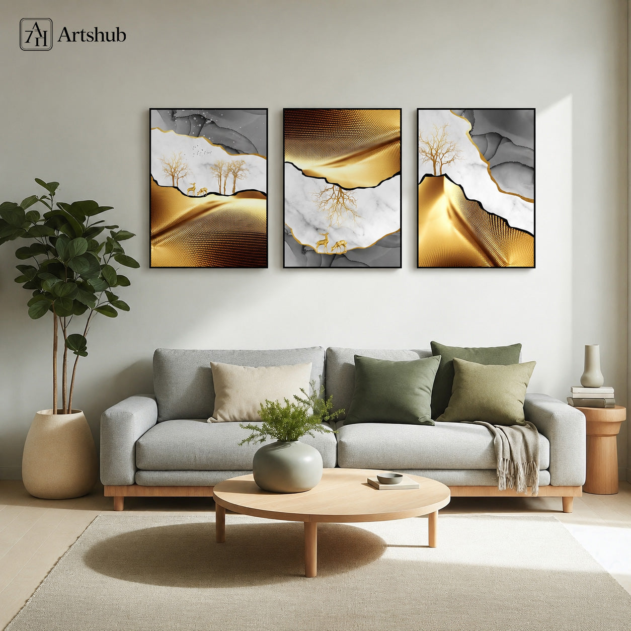 Artshub Golden Harmony Marble Deer Tree triptych 3 panel framed canvas wall art in Scandinavian living room above grey sofa with green cushions fiddle leaf fig plant — gold grey marble
