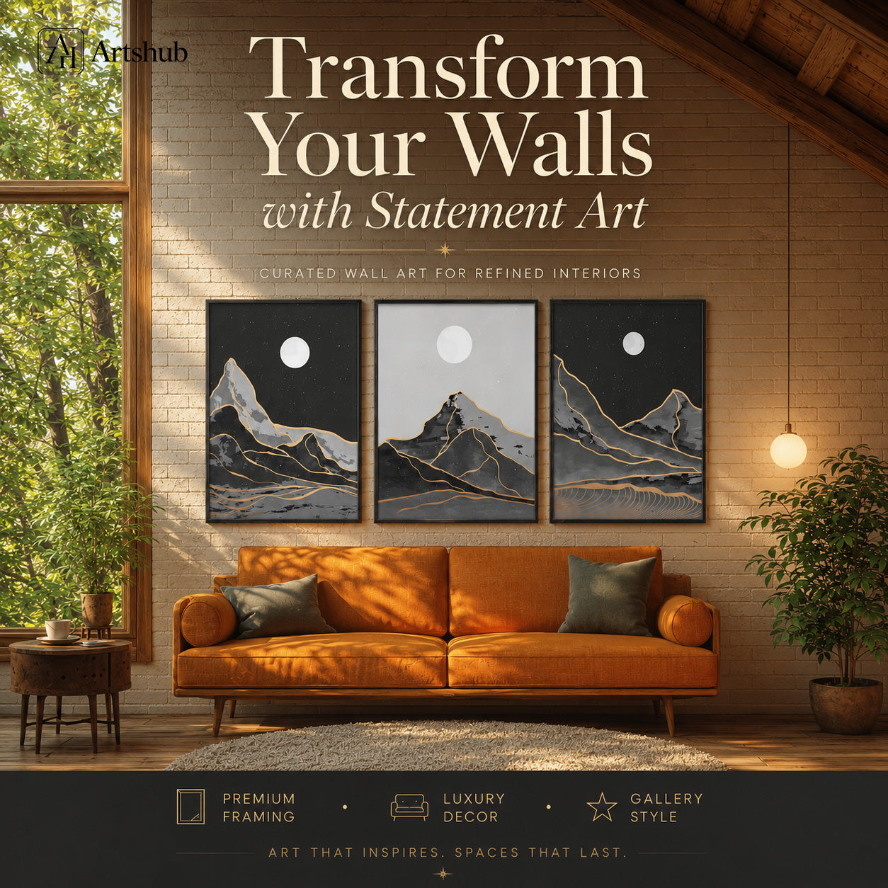 Artshub Moonlit Mountain Gold Line triptych 3 panel framed canvas wall art editorial banner — Transform Your Walls with Statement Art rustic brick living room orange sofa pendant light
