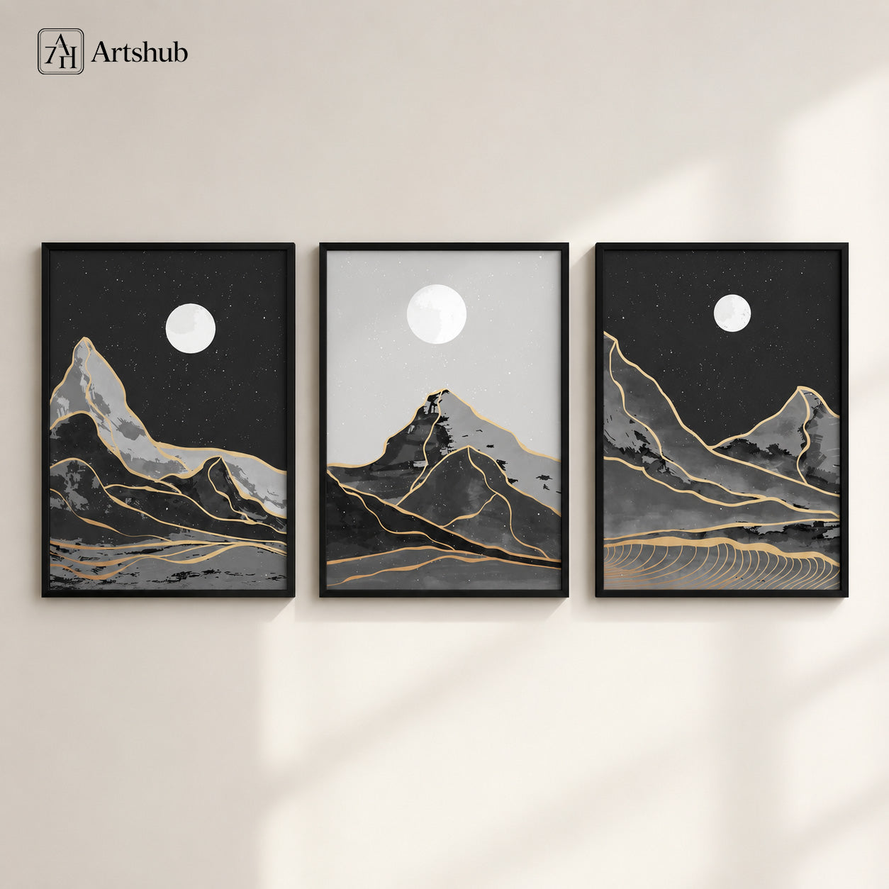 Artshub Moonlit Mountain Gold Line triptych 3 panel framed canvas wall art on cream wall — charcoal grey gold moon mountain night landscape matte black frame