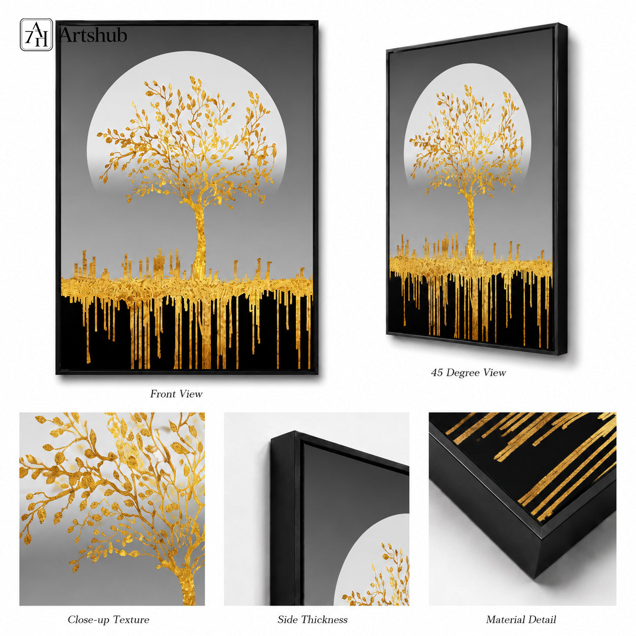Artshub Golden Nature Moon Deer Tree framed canvas product detail sheet — front view 45 degree close-up texture side thickness material detail gold deer tree moon charcoal grey matte black frame