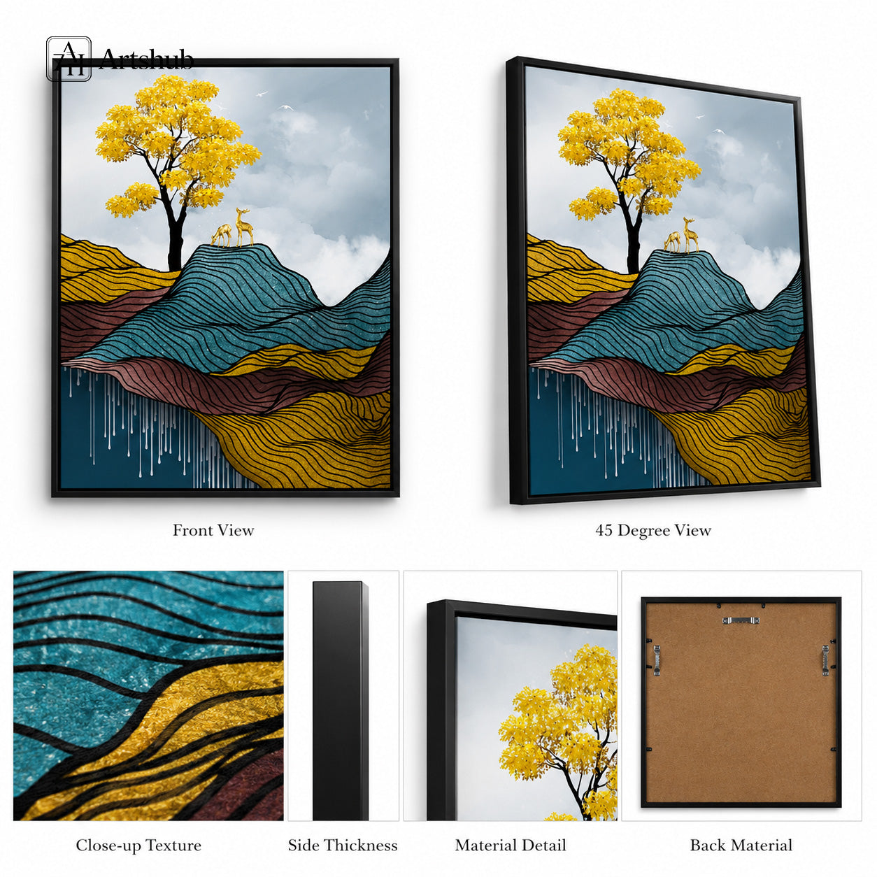 Artshub Golden Stillness Yellow Tree Deer Fine Line Wave Mountain single panel framed canvas wall art editorial banner — Golden Stillness bring nature’s calm modern artistry luxury warm entryway walnut console ceramic vases wall sconce olive branches