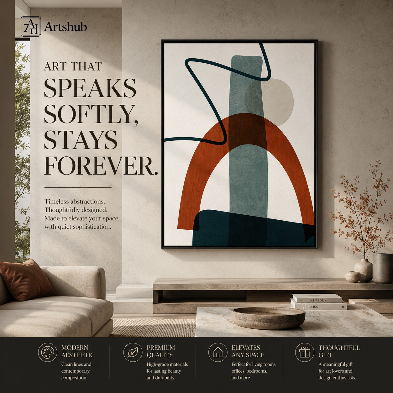Artshub Terracotta Arch Sage Blue Abstract Geometric single panel framed canvas wall art editorial banner — Art That Speaks Softly Stays Forever timeless abstractions luxury Japandi living room travertine console cream sofa city view