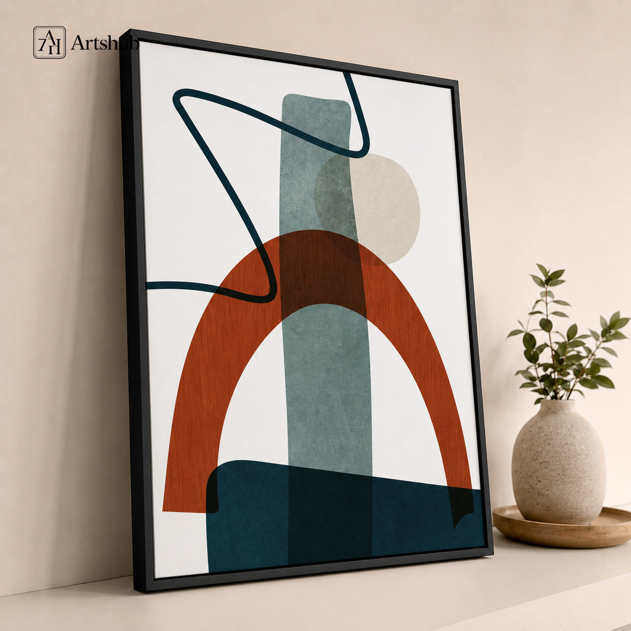 Artshub Terracotta Arch Sage Blue Abstract Geometric single panel framed canvas wall art in modern Indian high-rise balcony living room above cream sofa with olive tree city skyline view — terracotta sage teal matte black frame