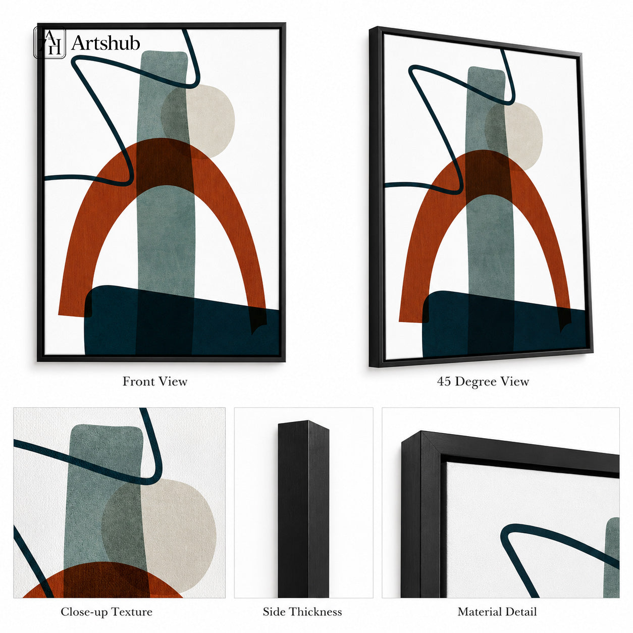 Artshub Terracotta Arch Sage Blue Abstract Geometric framed canvas product detail sheet — front view 45 degree close-up texture side thickness material detail terracotta arch sage blue teal matte black frame