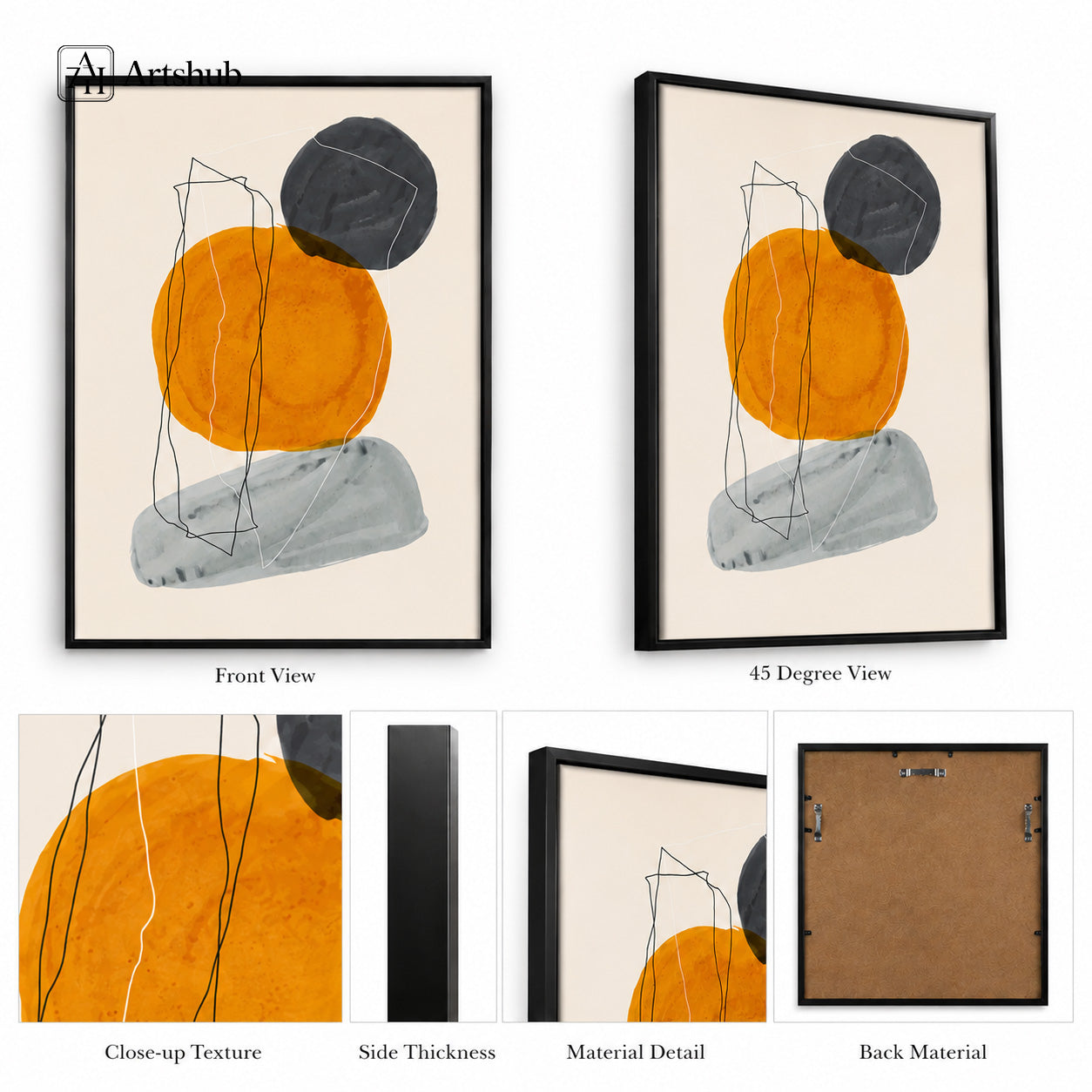 Artshub Art in Harmony Amber Orange Charcoal Abstract Circles framed canvas product detail sheet — front view 45 degree close-up texture side thickness material detail back material amber orange charcoal grey matte black frame