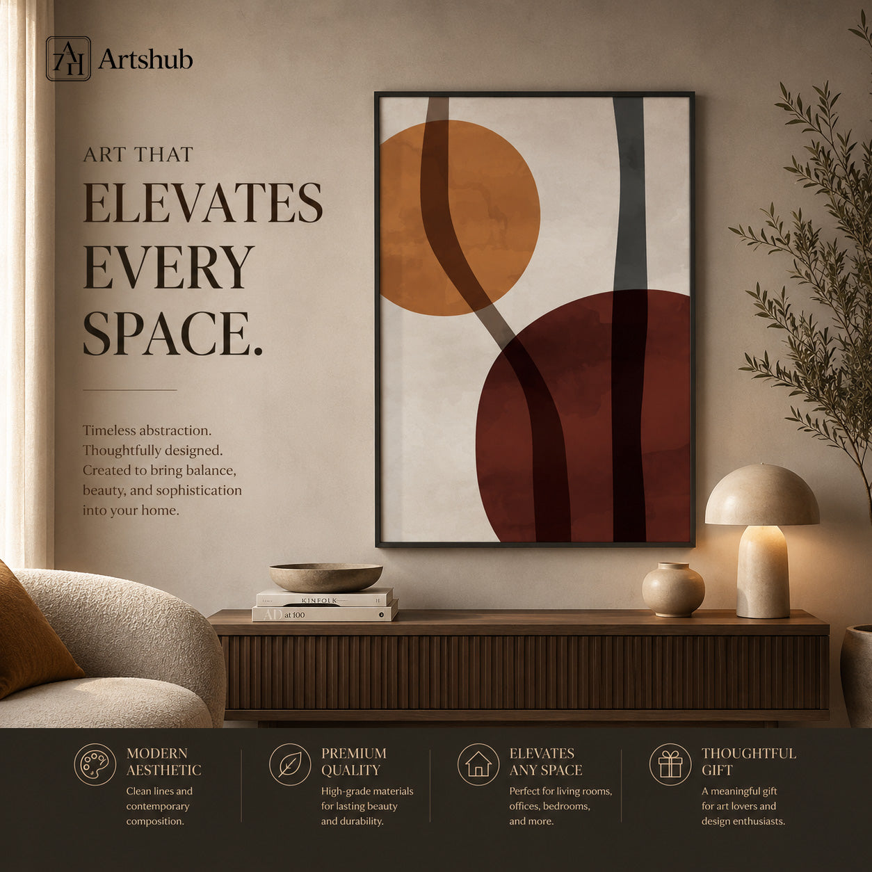 Artshub Art That Elevates Every Space Amber Burgundy Abstract Circles single panel framed canvas wall art editorial banner — Art That Elevates Every Space timeless abstraction balance beauty sophistication warm Japandi living room walnut sideboard mushroom lamp olive branches
