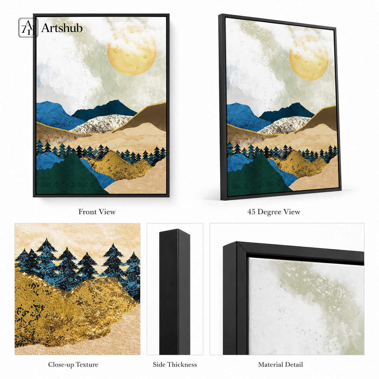 Artshub Moonlit Horizons Cobalt Blue Mountain Gold Sun Pine Silhouette framed canvas product detail sheet — front view 45 degree close-up gold speckle texture side thickness material detail cobalt blue gold pine matte black frame