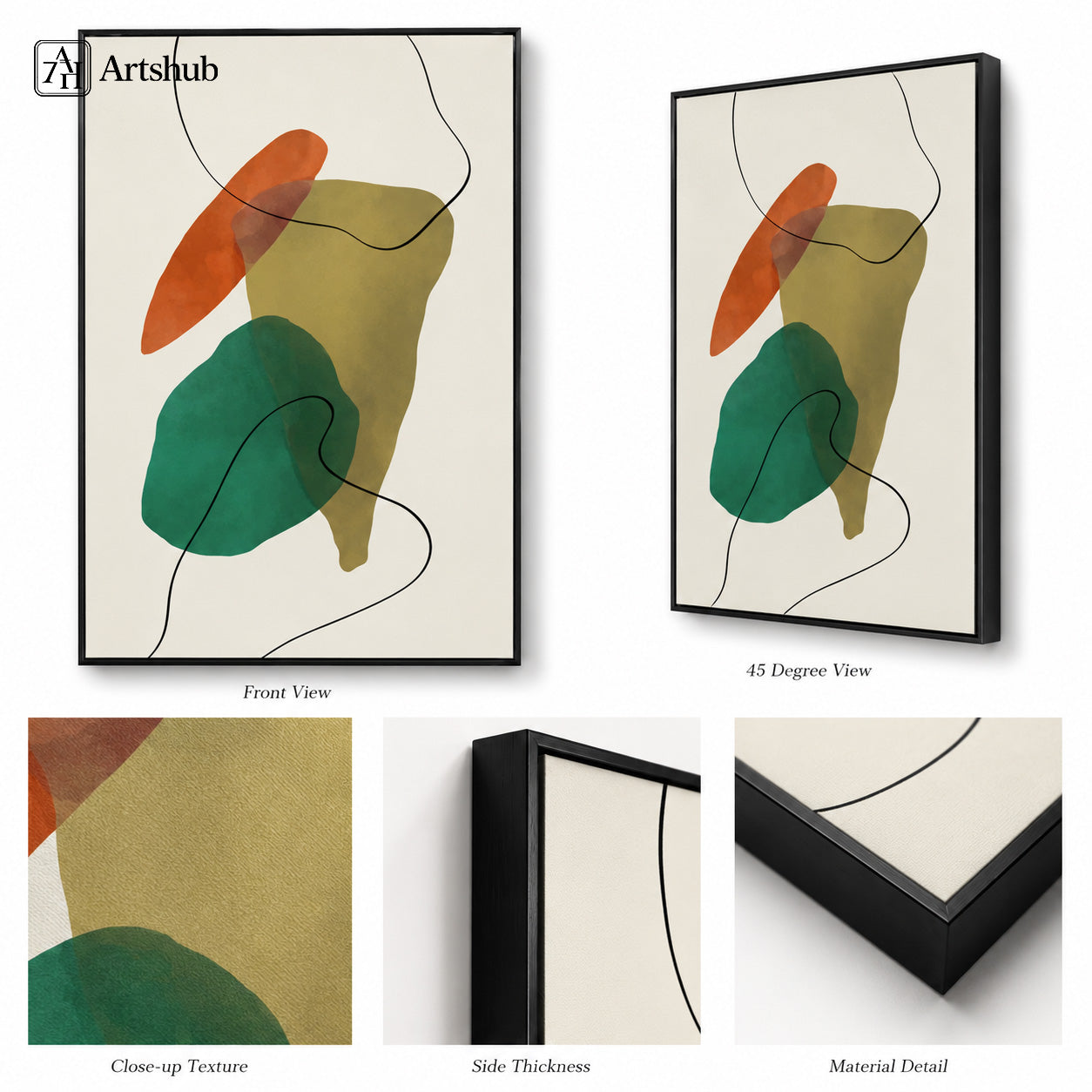 Artshub Abstract Harmony Burnt Orange Olive Gold Teal Fluid Forms single panel framed canvas wall art editorial banner — Abstract Harmony Contemporary Art for Refined Spaces fluid forms earthy tones modern balance warm luxury living room walnut floating sideboard black vase Kinfolk books olive tree