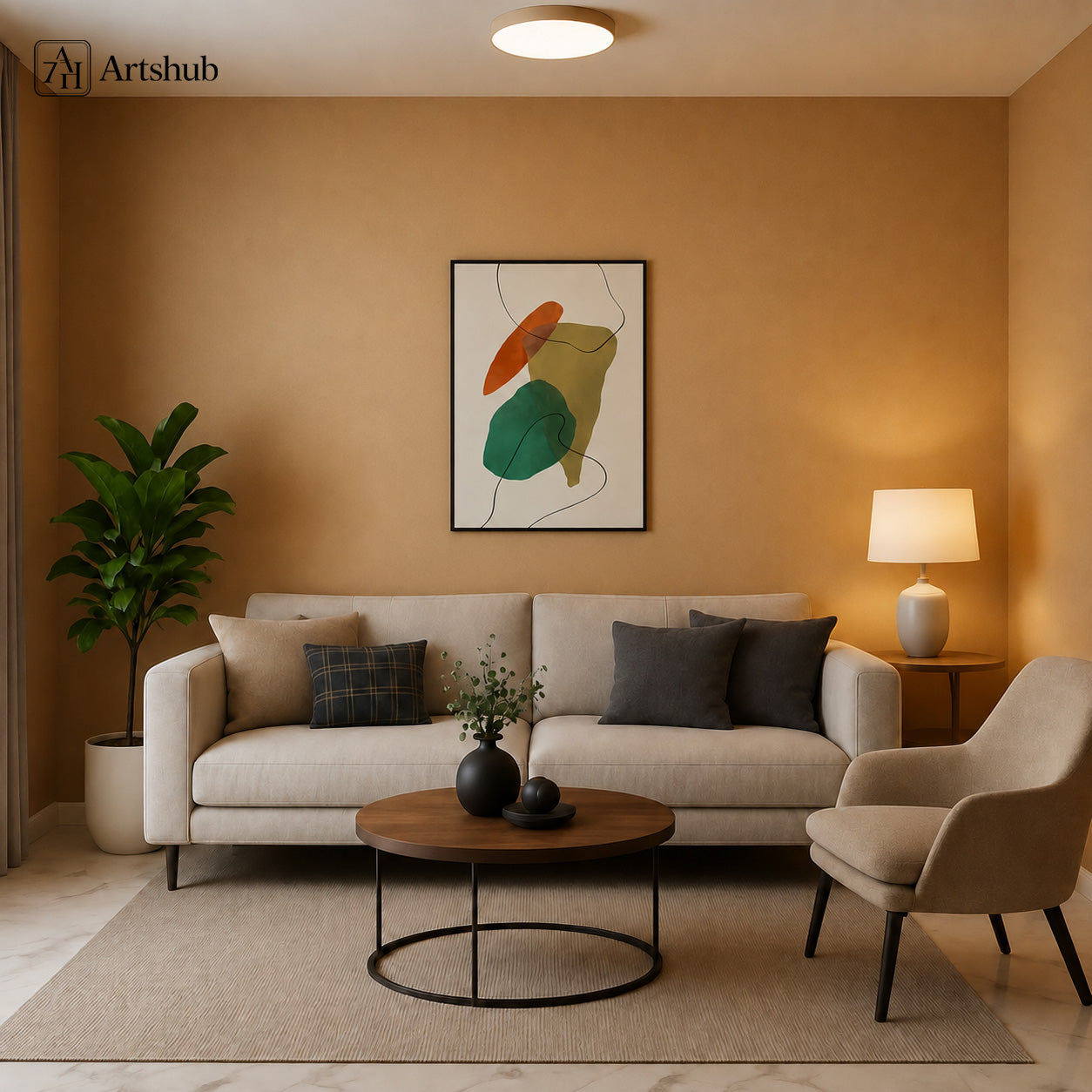 Artshub Abstract Harmony Burnt Orange Olive Gold Teal Fluid Forms single panel framed canvas wall art leaning on cream wall in bright Scandinavian room with yellow leather ottoman monstera plant radiator window — burnt orange olive gold teal matte black frame