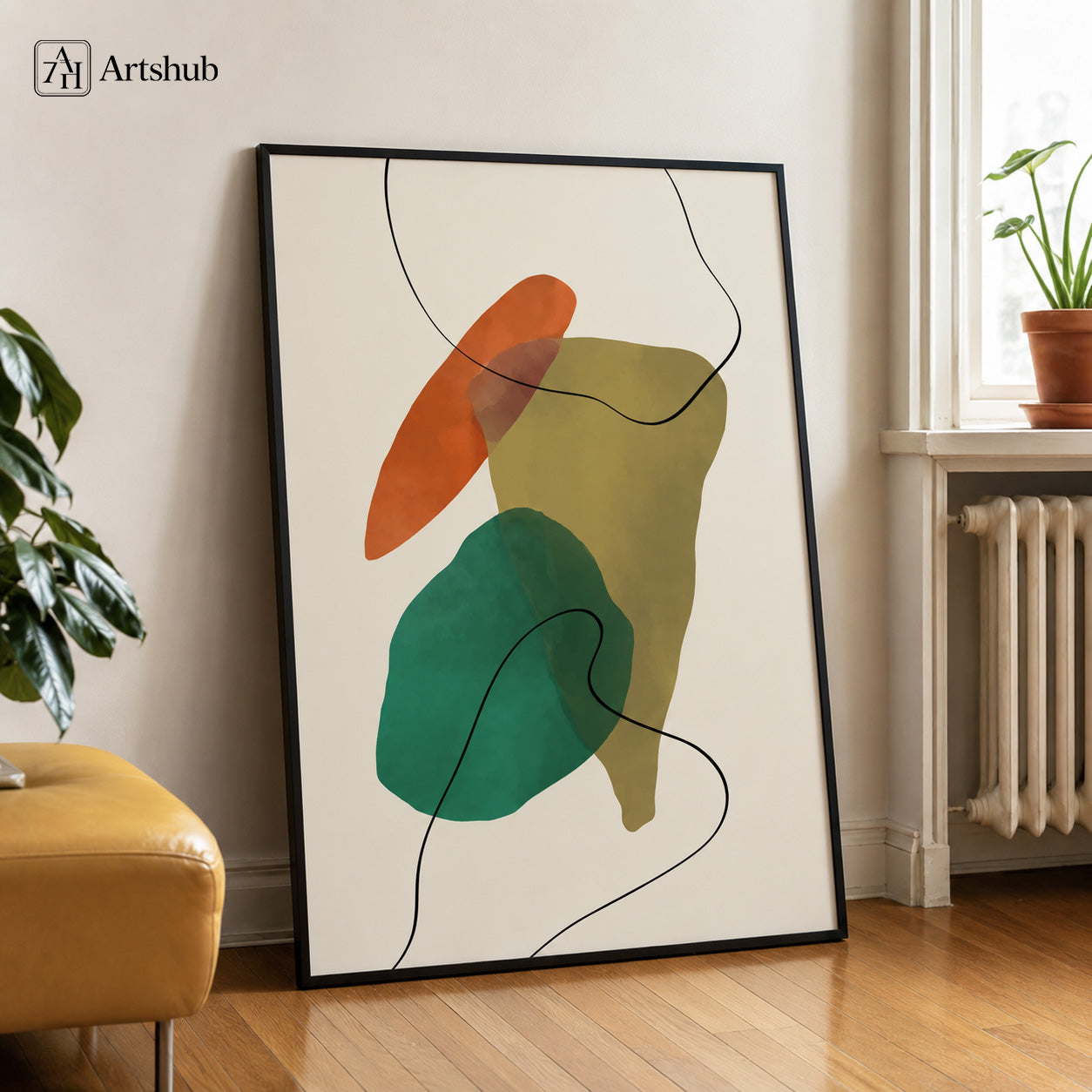 Artshub Abstract Harmony Burnt Orange Olive Gold Teal Fluid Forms single panel framed canvas wall art on warm terracotta wall above cream sofa in modern Indian living room with round walnut coffee table black ceramic vase fiddle leaf fig — burnt orange olive gold teal matte black frame