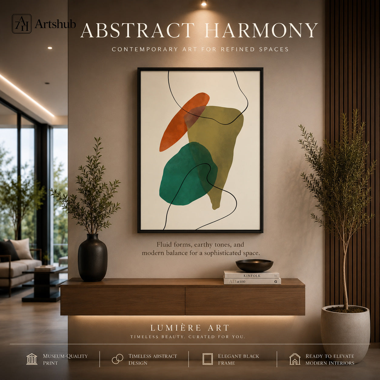 Artshub Abstract Harmony Burnt Orange Olive Gold Teal Fluid Forms framed canvas product detail sheet — front view 45 degree close-up linen texture side thickness material detail burnt orange olive gold teal matte black frame