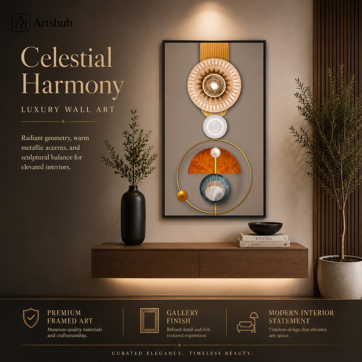 Artshub Celestial Harmony Gold Sunburst Geometric Sculptural single panel framed canvas wall art leaning on warm beige wall on black fluted sideboard with black mushroom lamp Kinfolk books brass bowl — gold sunburst burnt orange steel blue matte black frame