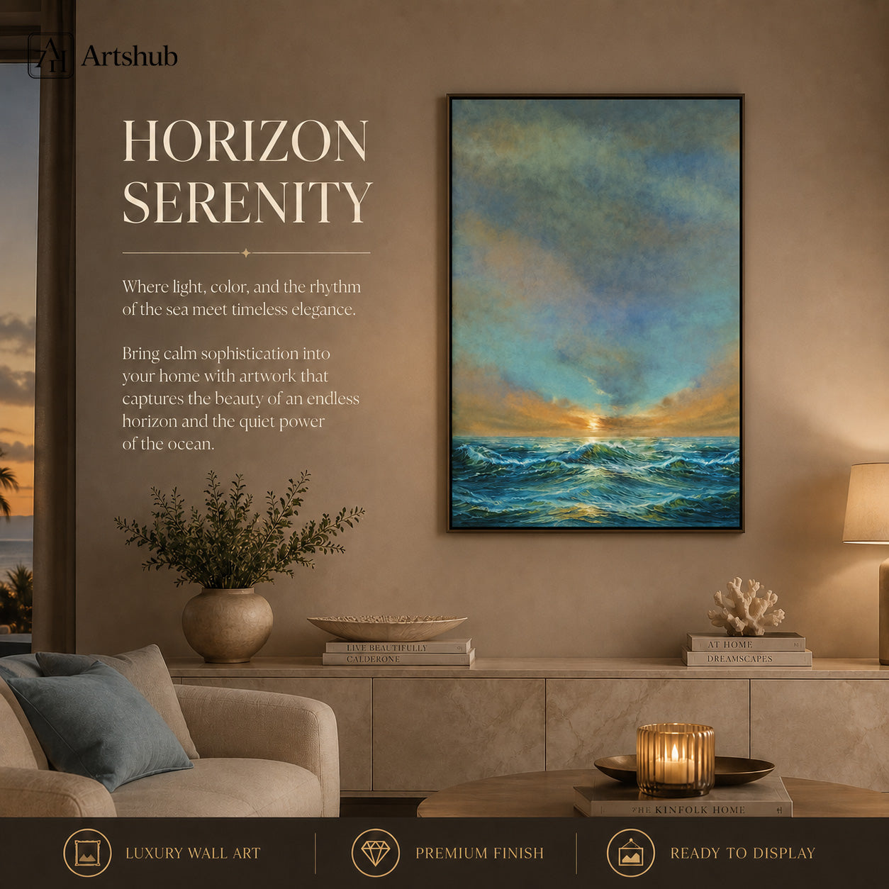 Artshub Horizon Serenity Teal Ocean Waves Golden Sunset Stormy Sky framed canvas product detail sheet — front view 45 degree close-up impasto wave texture side thickness material detail teal ocean gold sunset matte black frame