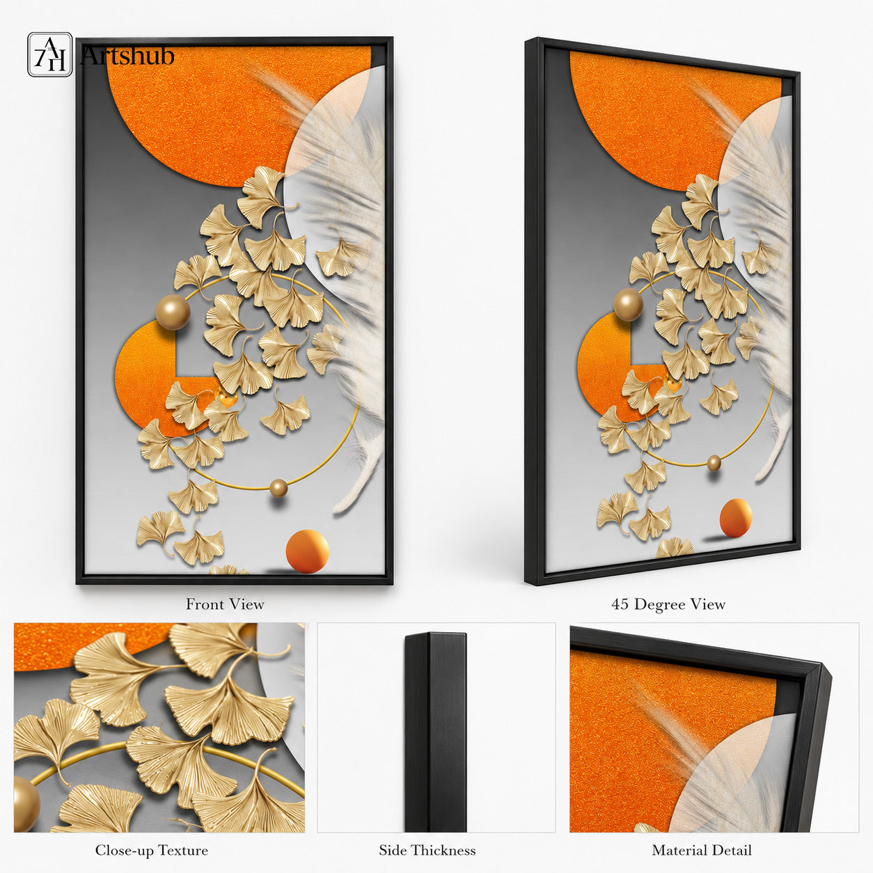 Artshub Golden Whisper 3D Sculpted Gold Ginkgo Leaves Orange Sun White Feather framed canvas product detail sheet — front view 45 degree close-up gold ginkgo leaf texture side thickness material detail orange sun white feather matte black frame