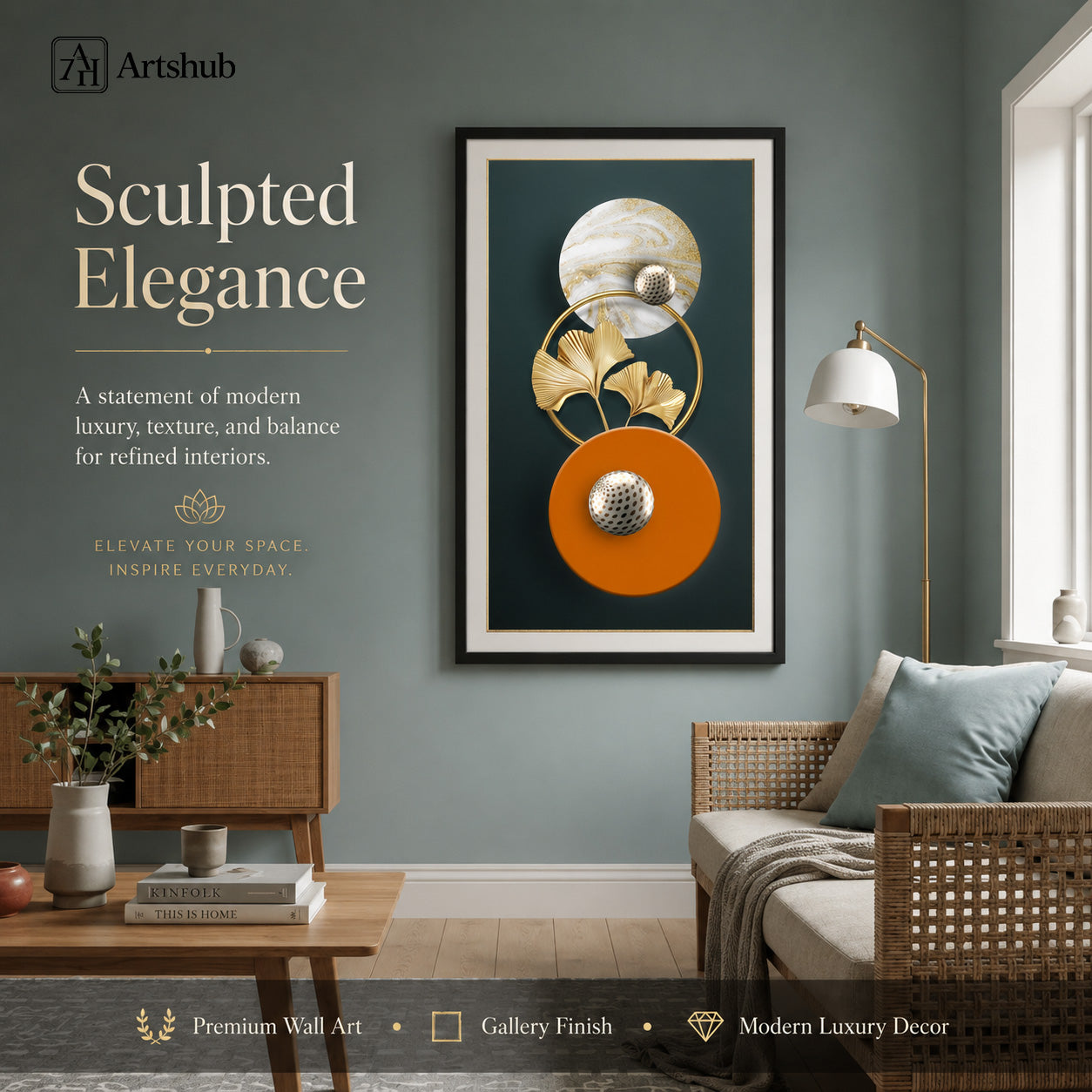Artshub Sculpted Elegance Marble Gold Disc Ginkgo Orange Teal single panel framed canvas wall art leaning on warm cream wall on oak floor with large green fiddle leaf fig plant natural window light — marble gold ginkgo orange teal matte black frame