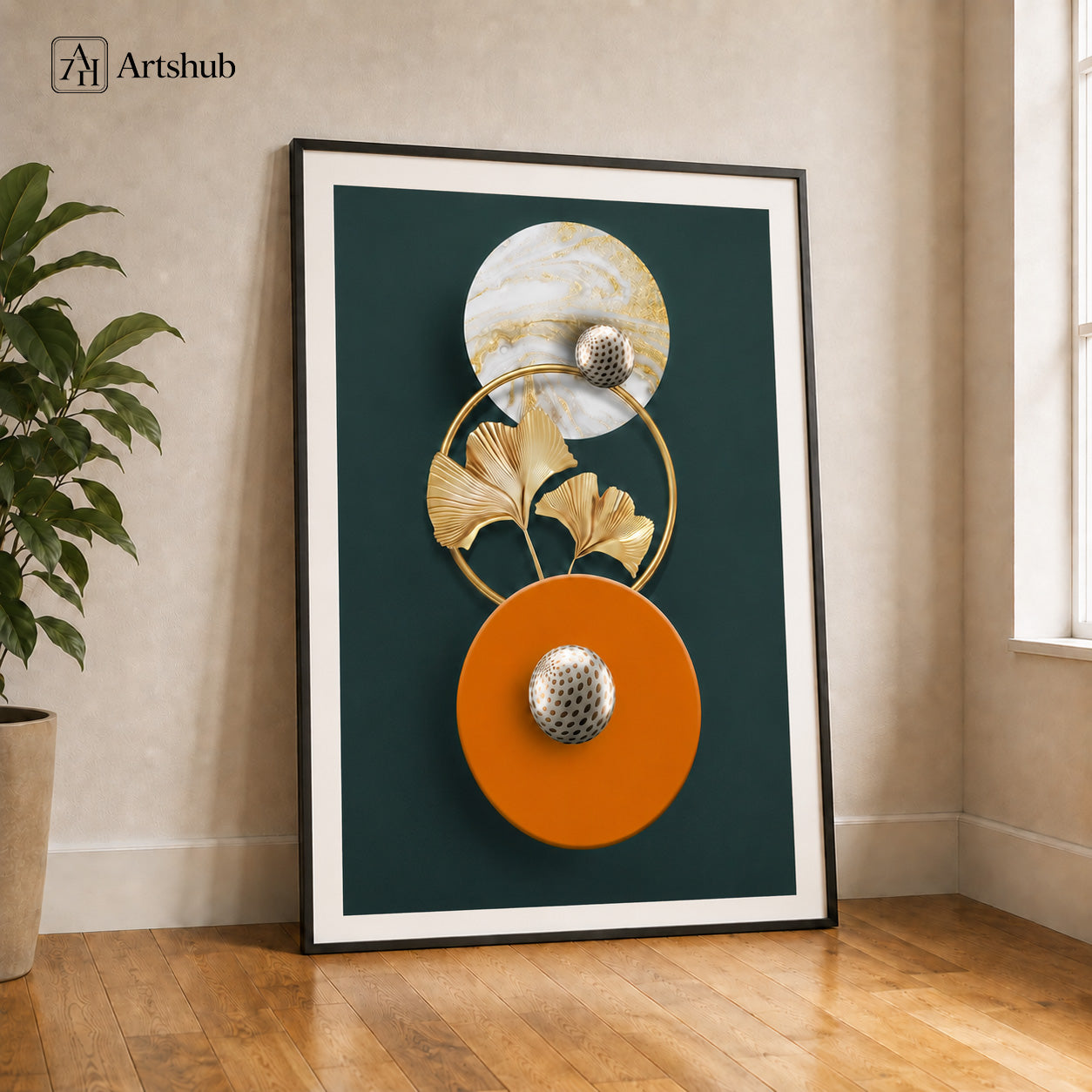 Artshub Sculpted Elegance Marble Gold Disc Ginkgo Orange Teal framed canvas product detail sheet — front view 45 degree close-up marble gold veining silver lotus sphere ginkgo leaf texture side thickness material detail matte black frame