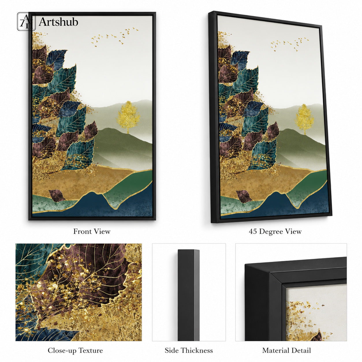 Artshub Botanical Harmony Teal Plum Layered Leaves Golden Tree Misty Mountain framed canvas product detail sheet — front view 45 degree close-up teal plum leaf vein texture gold speckle side thickness material detail matte black frame