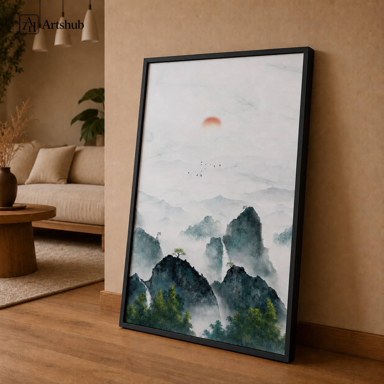 Artshub Misty Mountain Serenity Rose Sun Dark Teal Karst Peaks Waterfall Pine single panel framed canvas wall art leaning on warm taupe wall on oak floor in Japandi living room with cream sofa oak round coffee table pampas grass pendant lamps — rose sun teal karst matte black frame