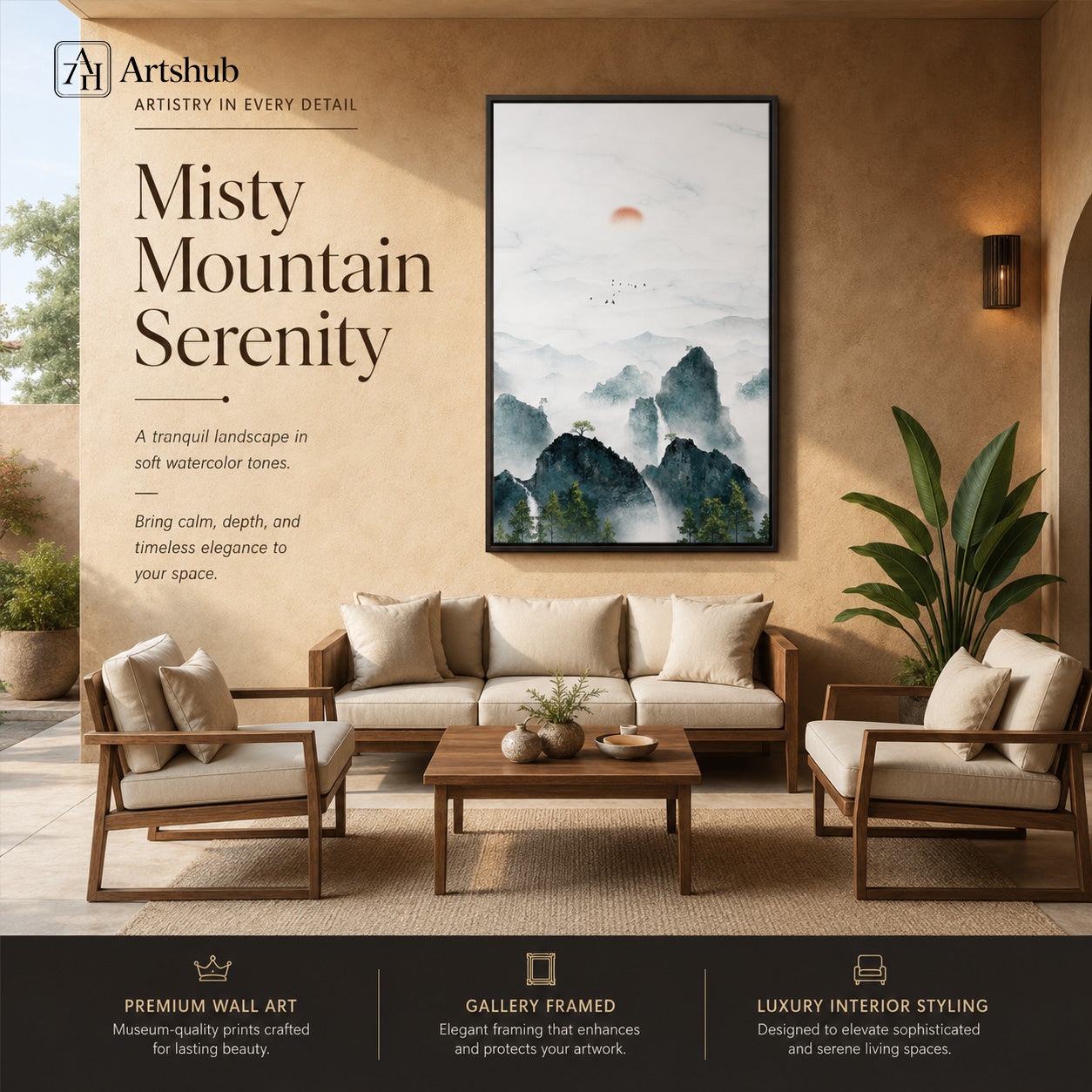 Artshub Misty Mountain Serenity Rose Sun Dark Teal Karst Peaks Waterfall Pine single panel framed canvas wall art on sage green wall above green velvet armchair with bamboo tripod floor lamp green plants radiator window light — rose sun teal karst matte black frame