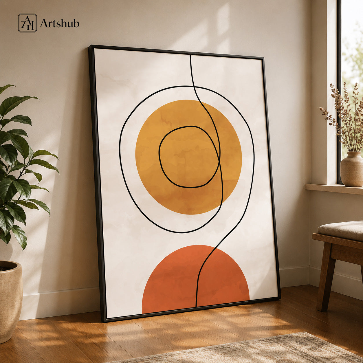 Artshub Harmony in Motion Amber Gold Circle Terracotta Semicircle Fine Line Abstract single panel framed canvas wall art editorial banner — Harmony in Motion minimal form warm geometry quiet balance refined interiors dark luxury home office walnut desk brass lamp leather chair gold pendant lights green plants