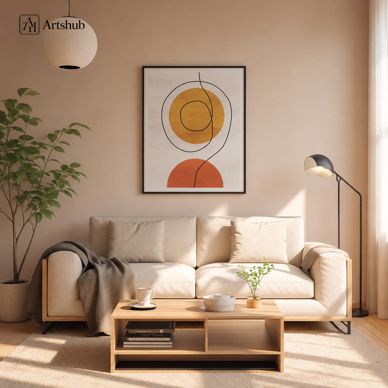 Artshub Harmony in Motion Amber Gold Circle Terracotta Semicircle Fine Line Abstract framed canvas product detail sheet — front view 45 degree close-up watercolour wash texture side thickness material detail back hanging hardware amber gold terracotta matte black frame