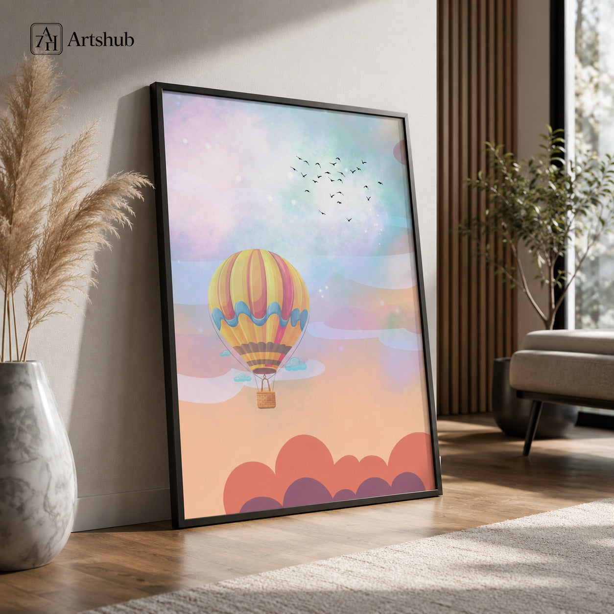 Artshub Dream Beyond the Horizon Hot Air Balloon Peach Lavender Teal Sky Coral Cloud single panel framed canvas wall art above dark walnut fluted sideboard in warm cream entryway with cream pleated lamp gold bowl candle olive branch vase wicker basket — peach lavender teal matte black frame