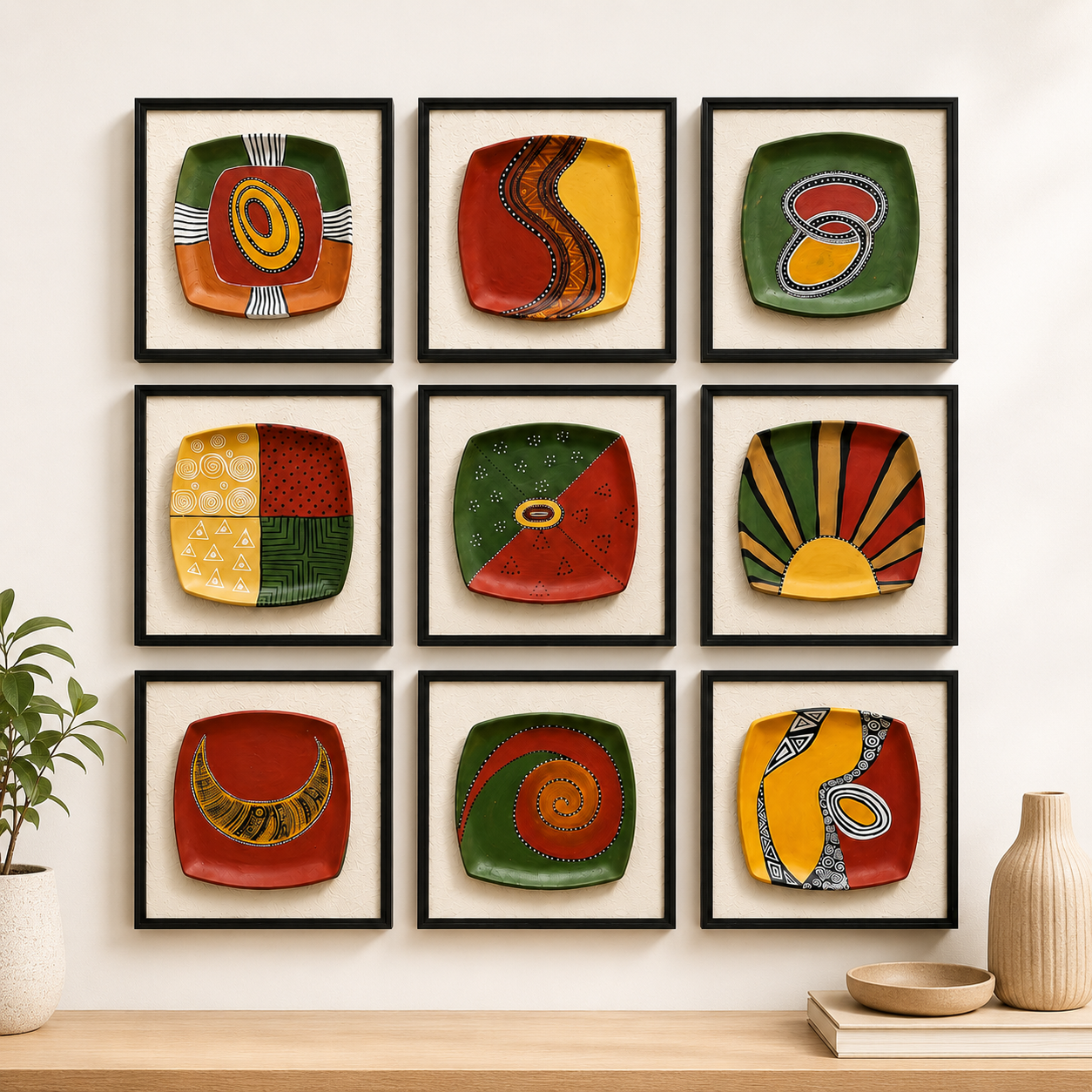 Artshub Tribal Mosaic – Earthy Abstract 9-Panel Framed Gallery Wall Art Set