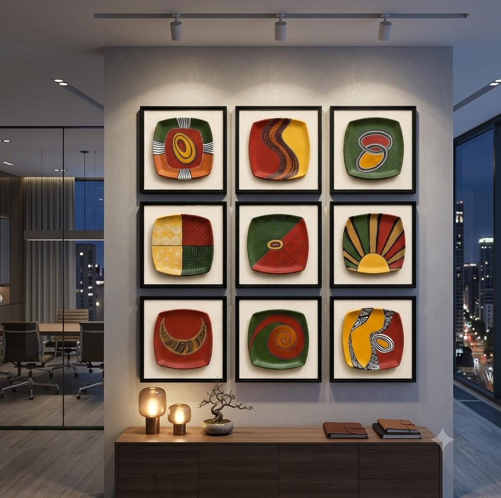 Artshub Tribal Mosaic – Earthy Abstract 9-Panel Framed Gallery Wall Art Set
