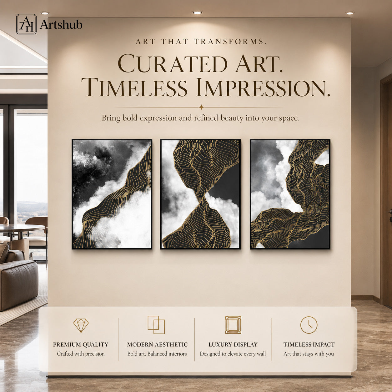 Artshub Obsidian Flow – Curated Art Timeless Impression Art That Transforms editorial banner – 3-panel triptych abstract canvas wall art on warm beige wall in luxury hallway with recessed lighting – Premium Quality, Modern Aesthetic, Luxury Display, Timeless Impact – bold abstract black white and gold cloud formations with flowing golden contour lines in black floater frames
