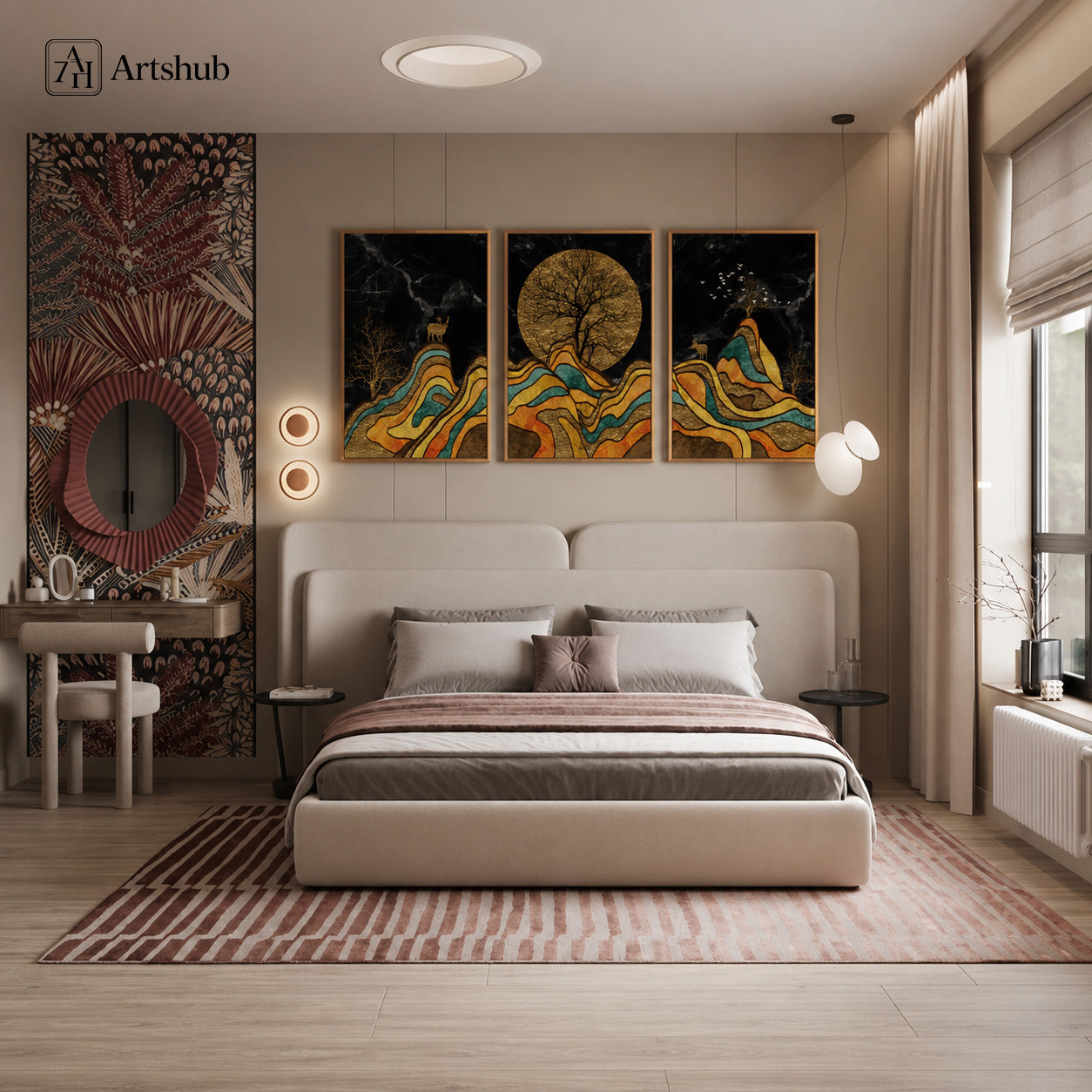 Artshub Moonlit Majesty triptych framed canvas wall art above bed in luxury bedroom — gold moon deer abstract mountain panels