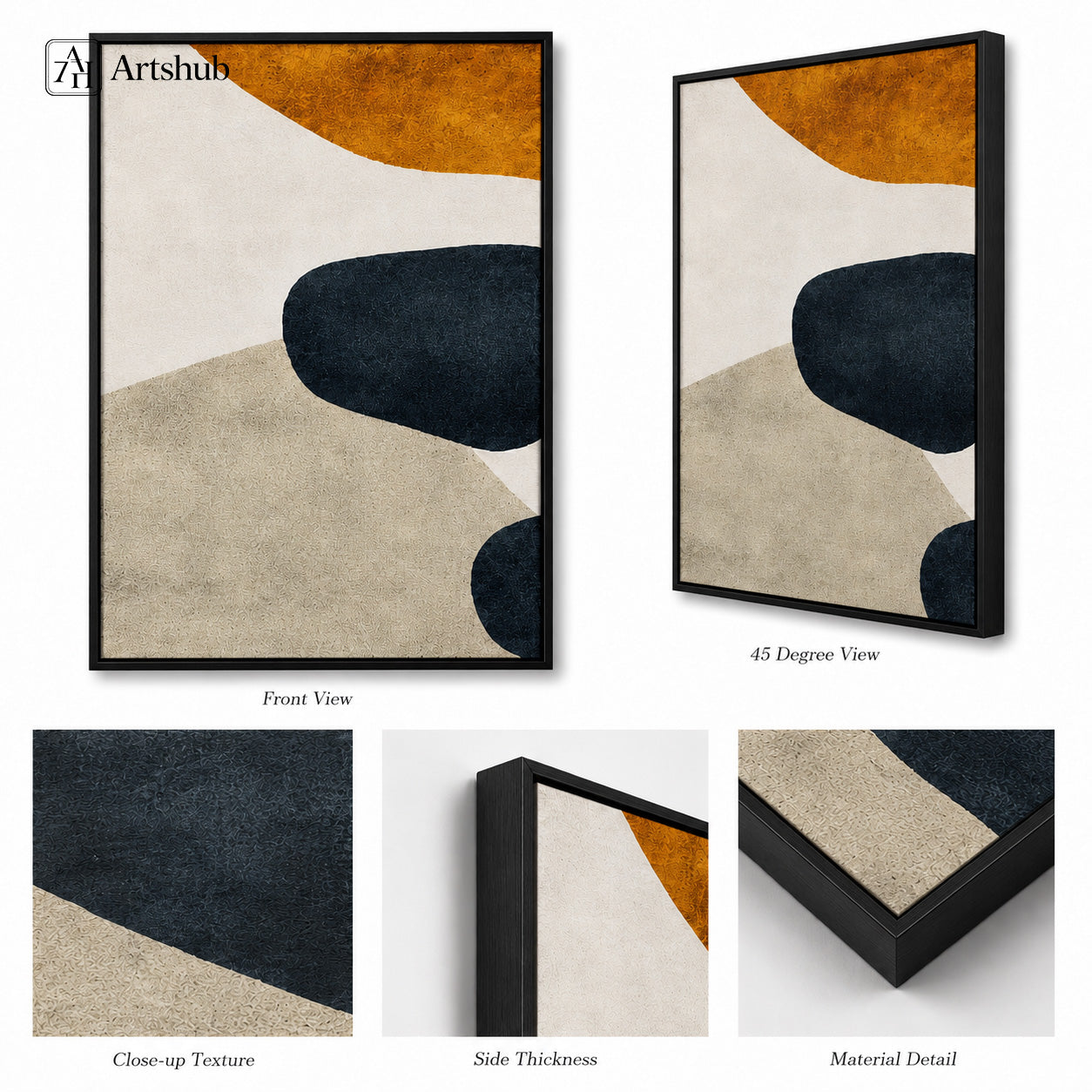 Artshub Amber Stone product detail sheet – front view of single panel showing bold abstract organic shapes in rich amber orange, deep navy charcoal and soft sandy beige on cream white background in black floater frame, 45 degree view showing frame depth, close-up texture of deep navy charcoal pebble shape and sandy beige wave, side thickness view, material detail showing textured canvas surface and black floater frame
