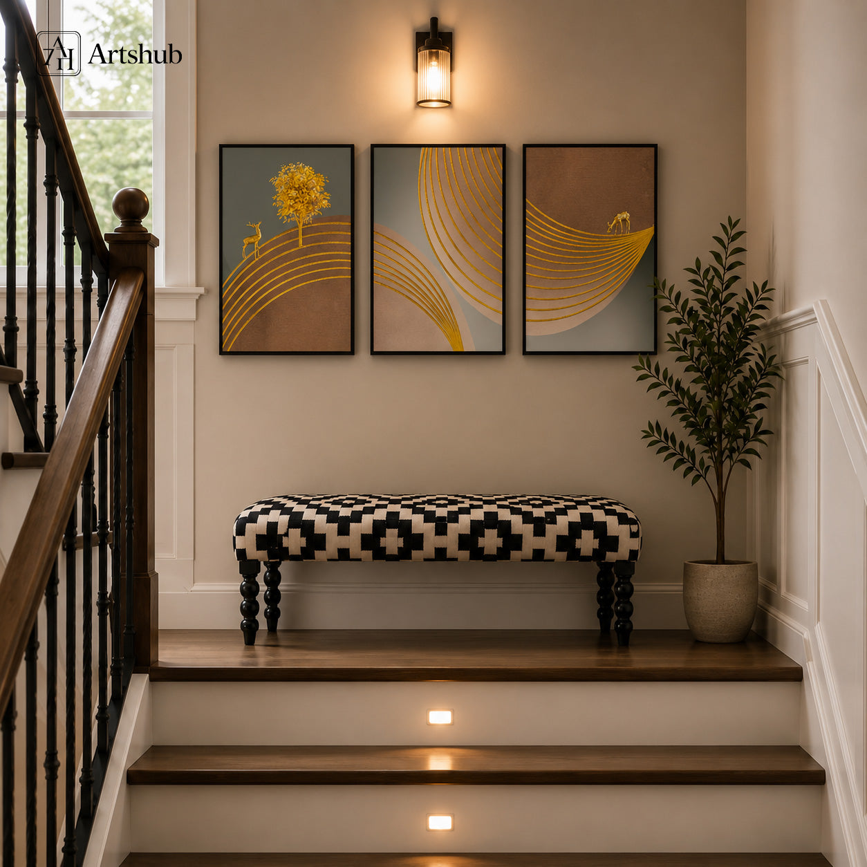 Artshub Golden Tree Deer triptych framed canvas wall art in warm entryway with wooden bench and sconce lighting