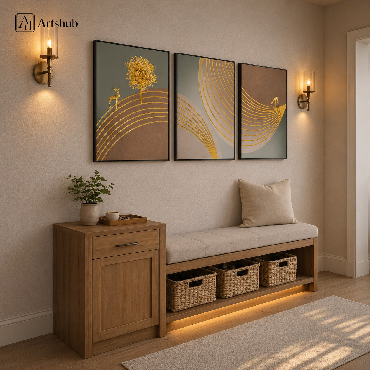 Artshub Golden Tree Deer 3 panel triptych canvas wall art on staircase landing with checkered bench and indoor plant