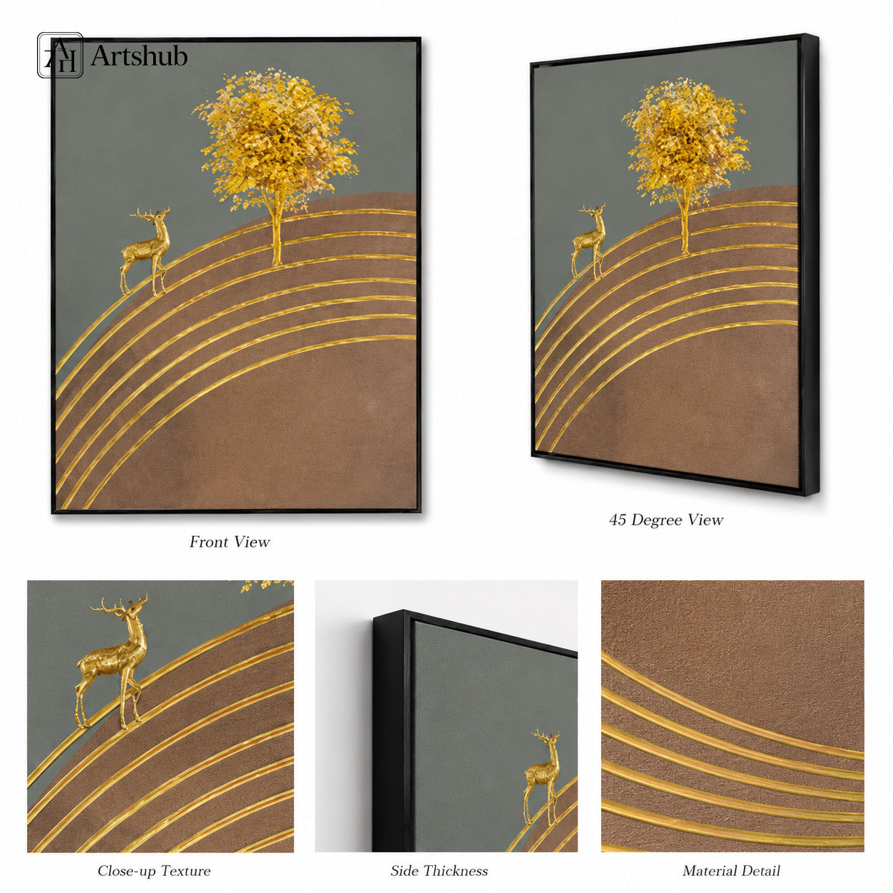 Artshub Golden Tree Deer framed canvas front view 45 degree angle close-up texture and material detail — gold tree deer abstract lines
