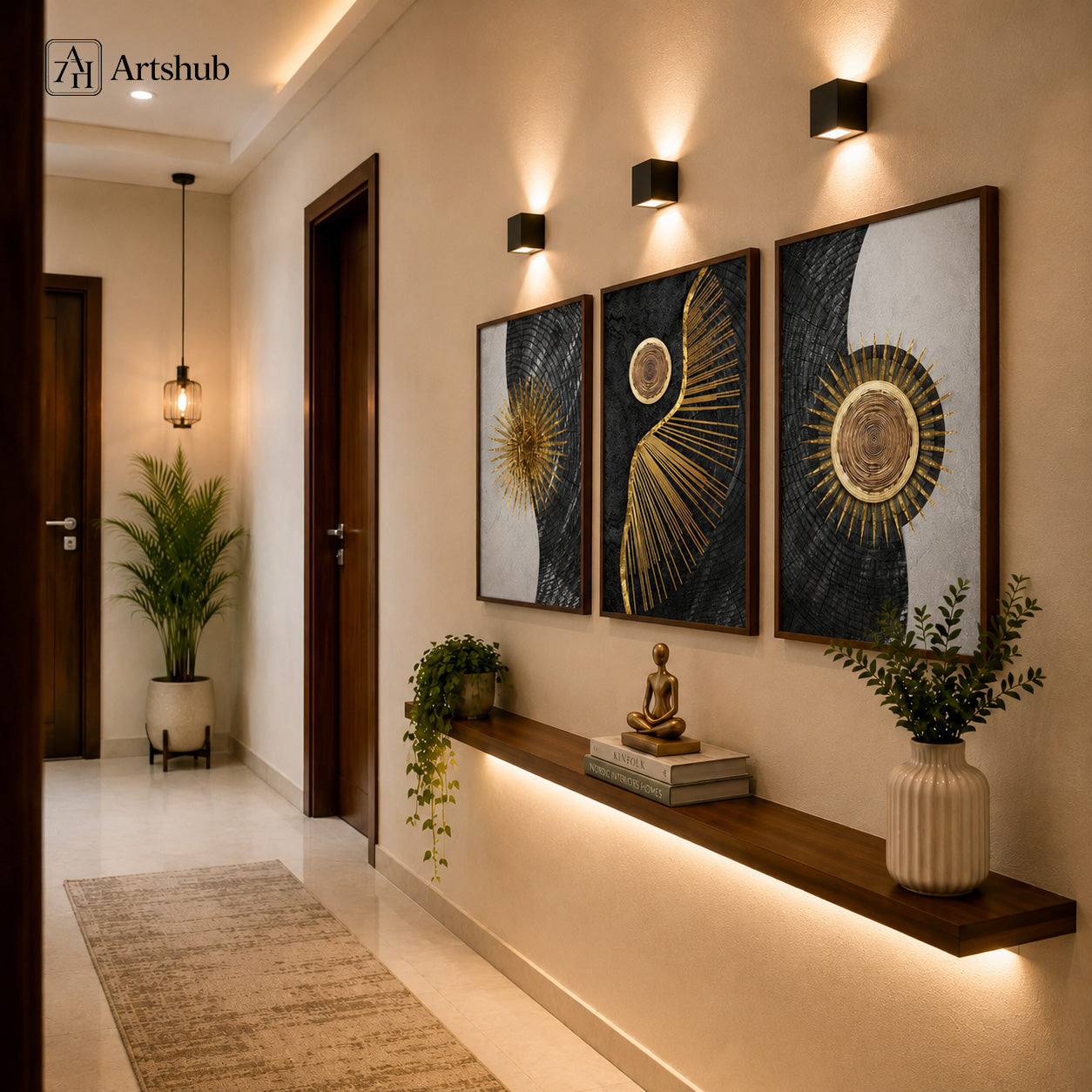 Artshub Golden Sunburst Mosaic triptych 3 panel canvas wall art editorial banner — Art That Defines Luxury three panels one harmonious masterpiece luxury poolside interior