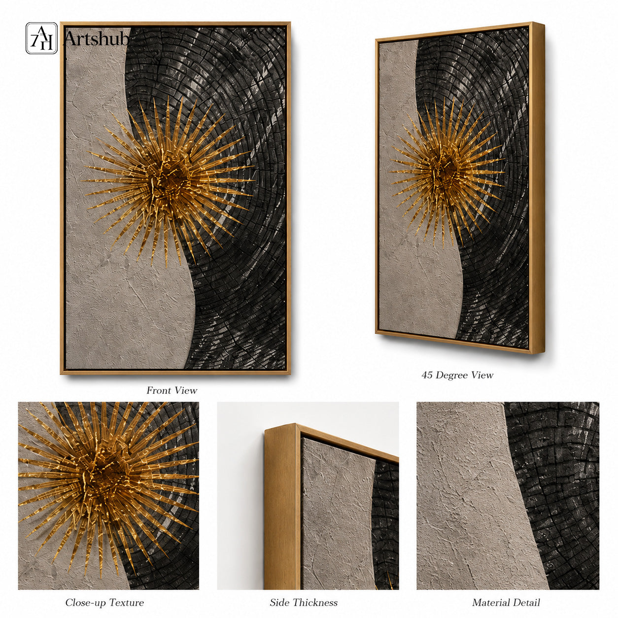 Artshub Golden Sunburst Mosaic triptych framed canvas wall art in warm beige entryway above floating shelf with candle vase and olive branch