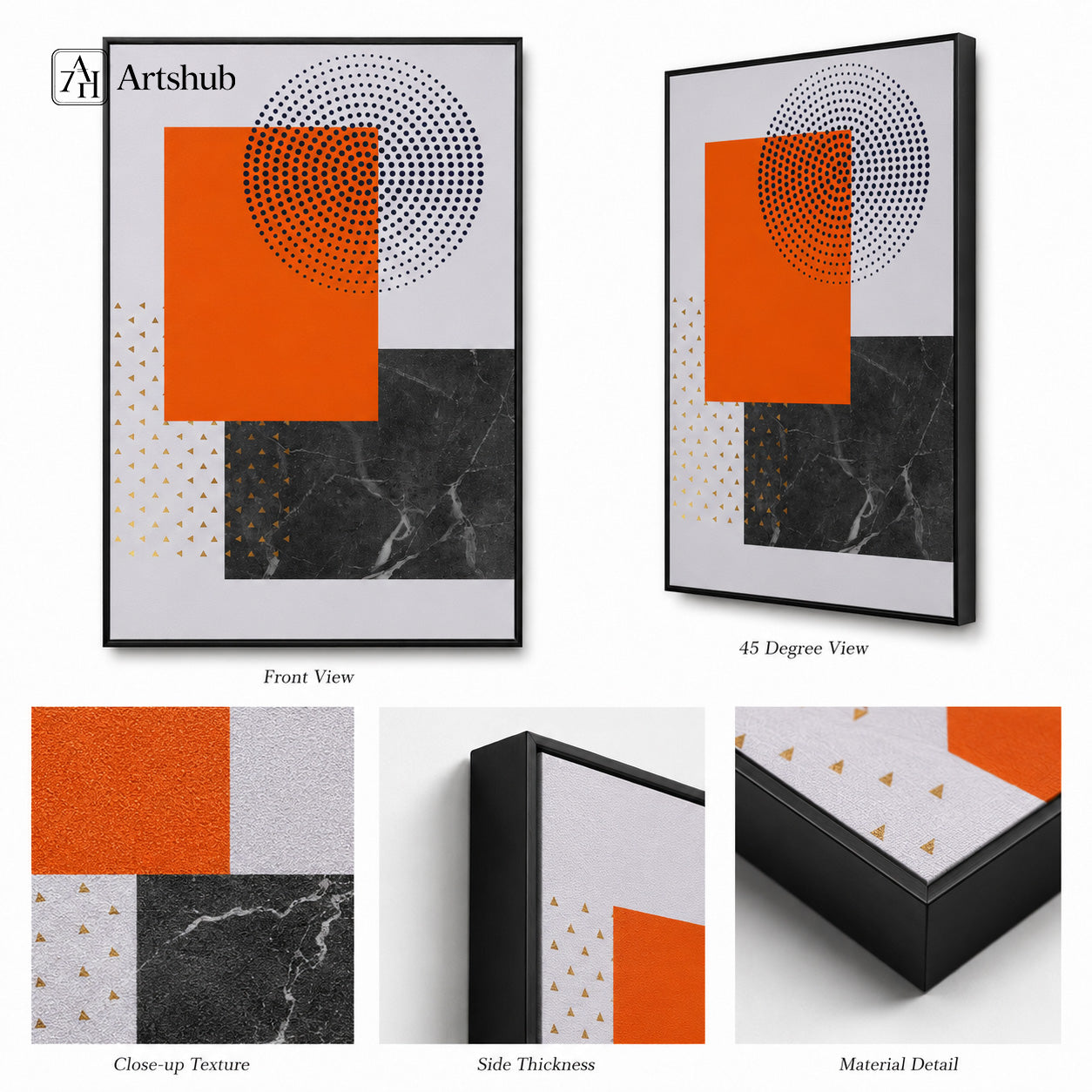 Artshub Orange Marble Deer Geometric triptych 3 panel framed canvas wall art in warm beige entryway with wall sconces bench and wicker baskets — orange black marble gold deer