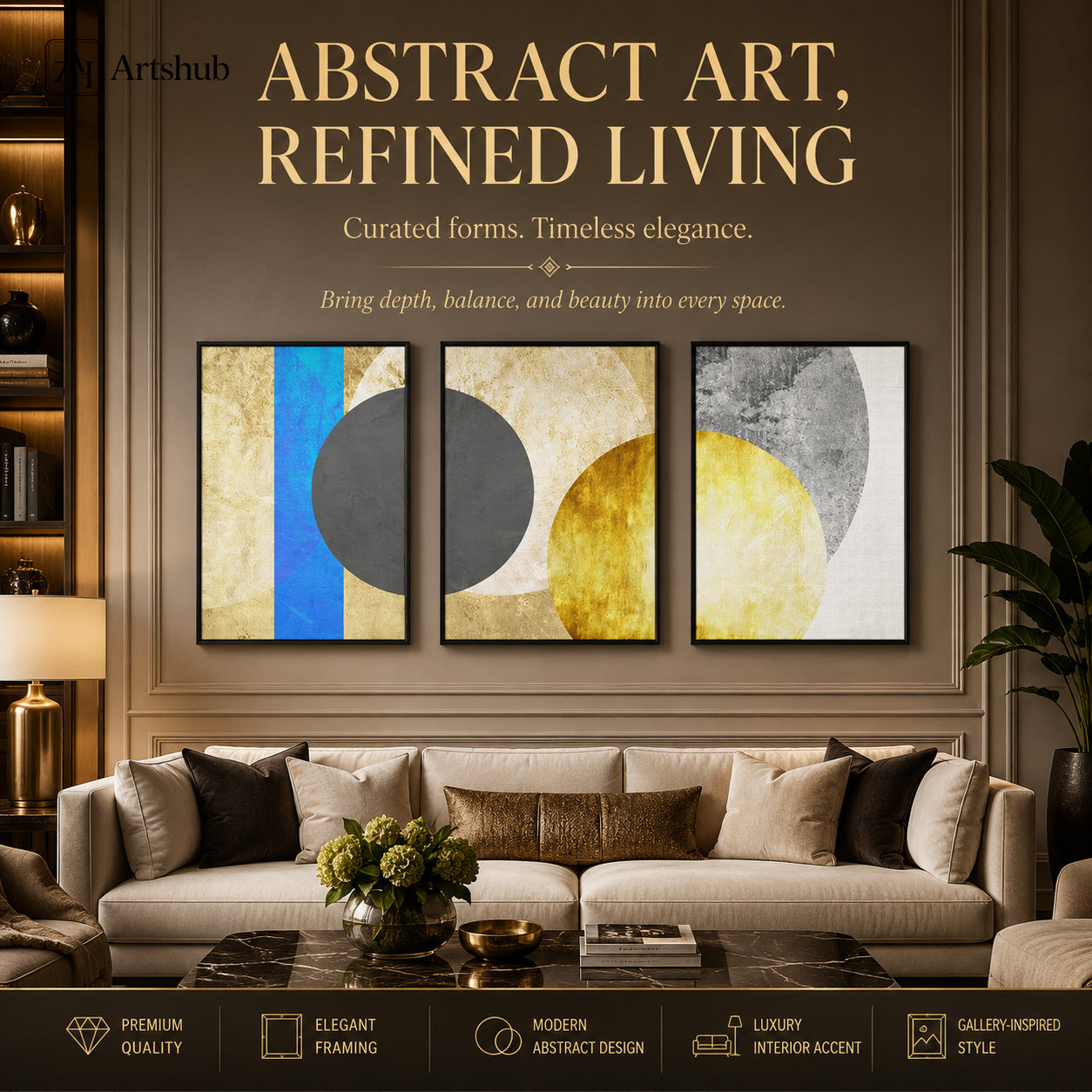 Artshub Abstract Geometric Eclipse triptych 3 panel framed canvas wall art editorial banner — gold black blue grey abstract circles in luxury dark living room above sofa