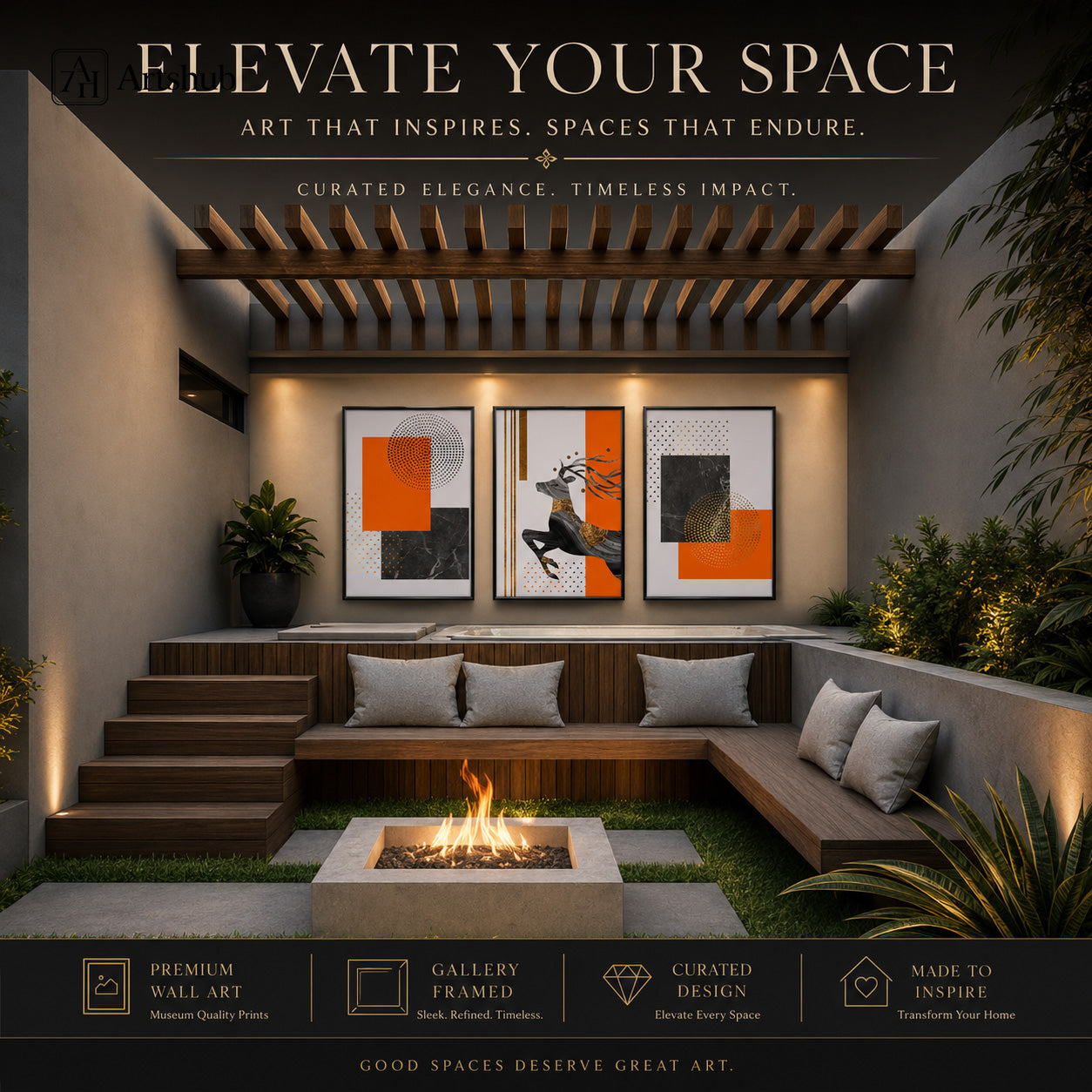 Artshub Orange Marble Deer Geometric triptych 3 panel framed canvas wall art editorial banner — Elevate Your Space luxury outdoor lounge fire pit pergola orange black gold