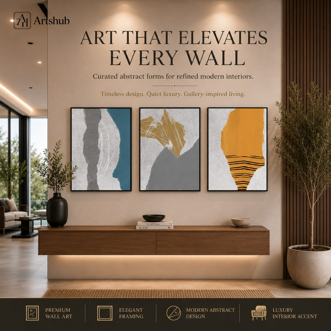 Artshub Abstract Teal Grey Amber triptych 3 panel framed canvas wall art editorial banner — Art That Elevates Every Wall luxury modern entryway floating console olive trees