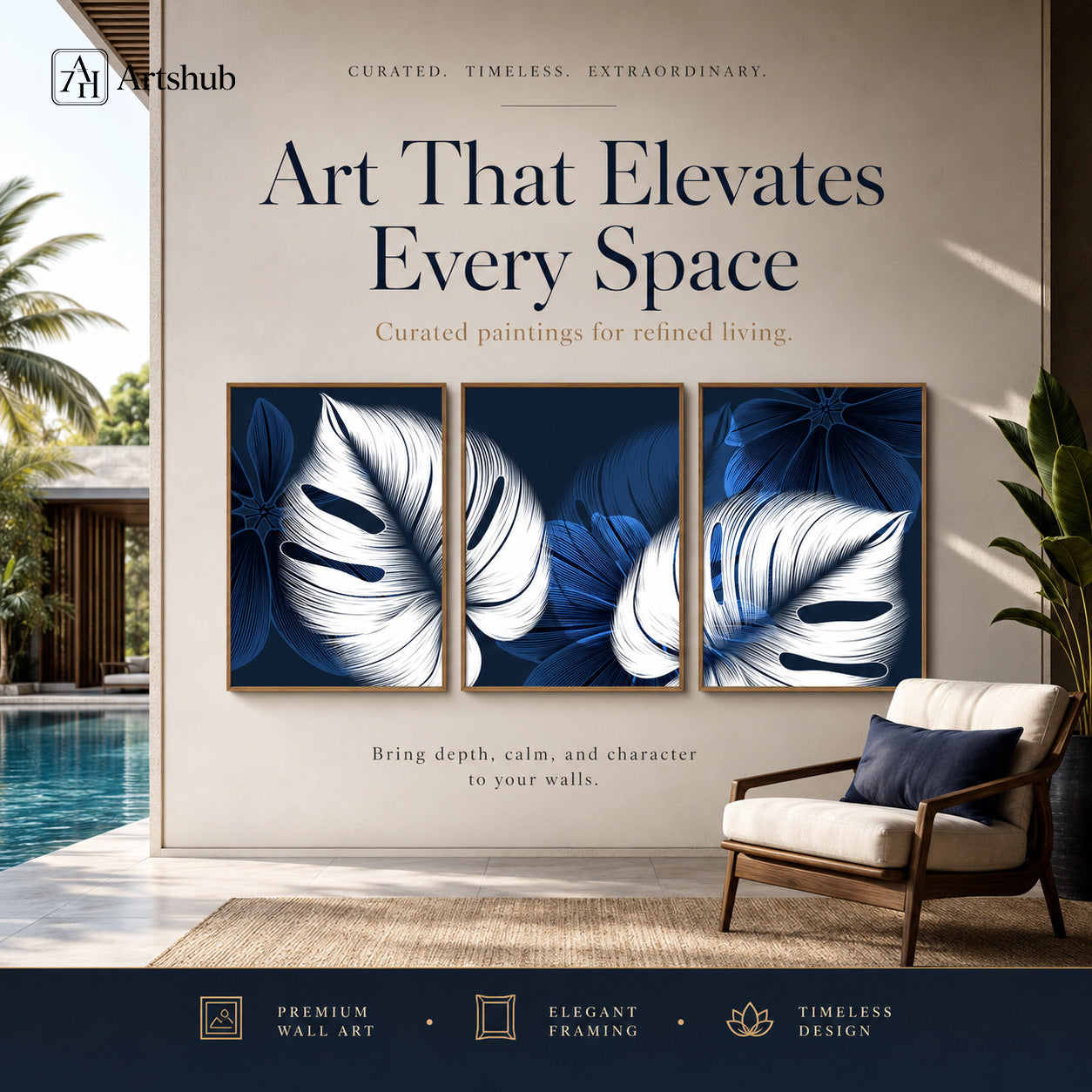 Artshub Navy Blue Monstera Leaf triptych 3 panel framed canvas wall art editorial banner — Art That Elevates Every Space luxury poolside outdoor lounge navy white botanical