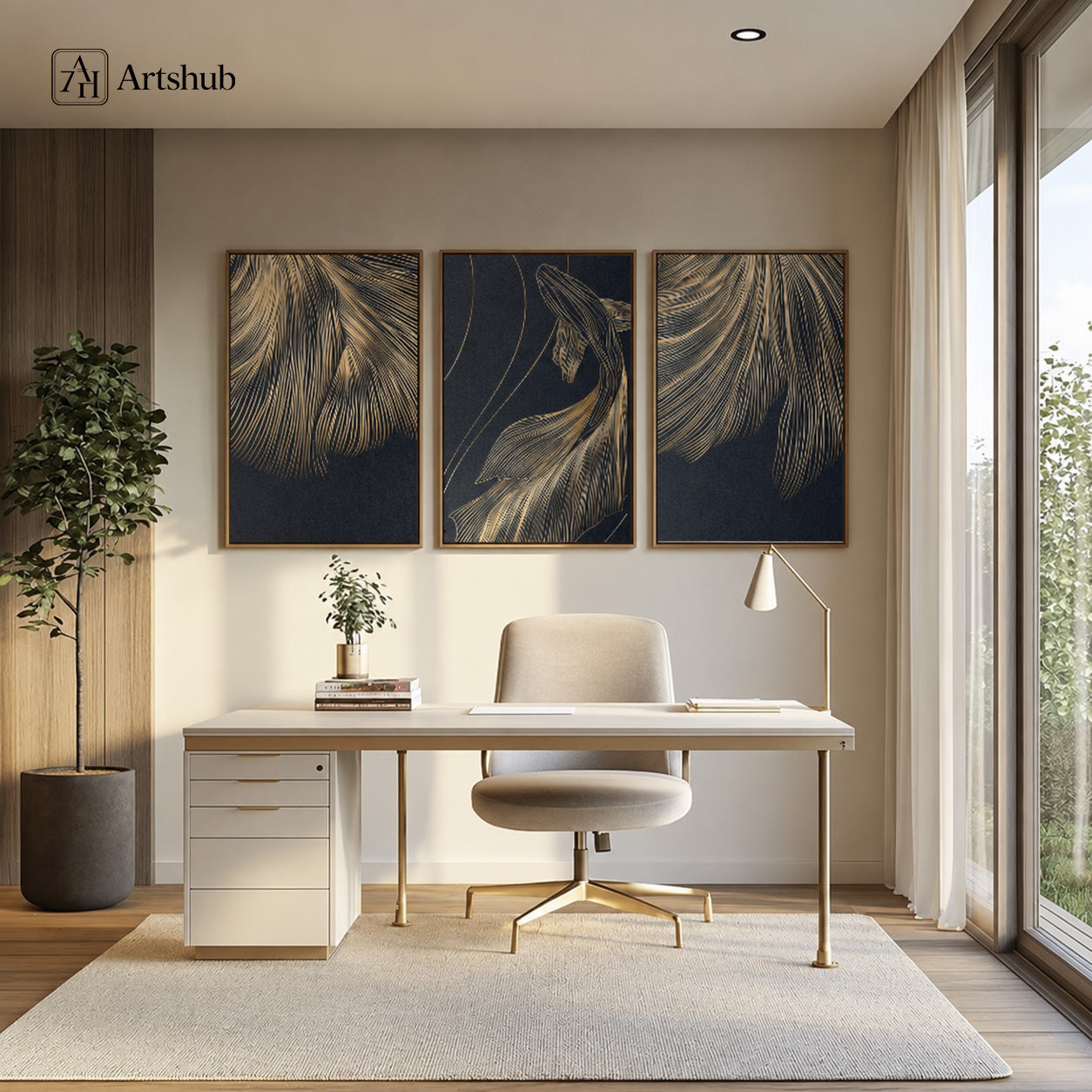 Artshub Golden Flow Navy Blue triptych 3 panel framed canvas wall art in luxury home office above white desk with gold legs plant and floor-to-ceiling windows — gold navy walnut frame