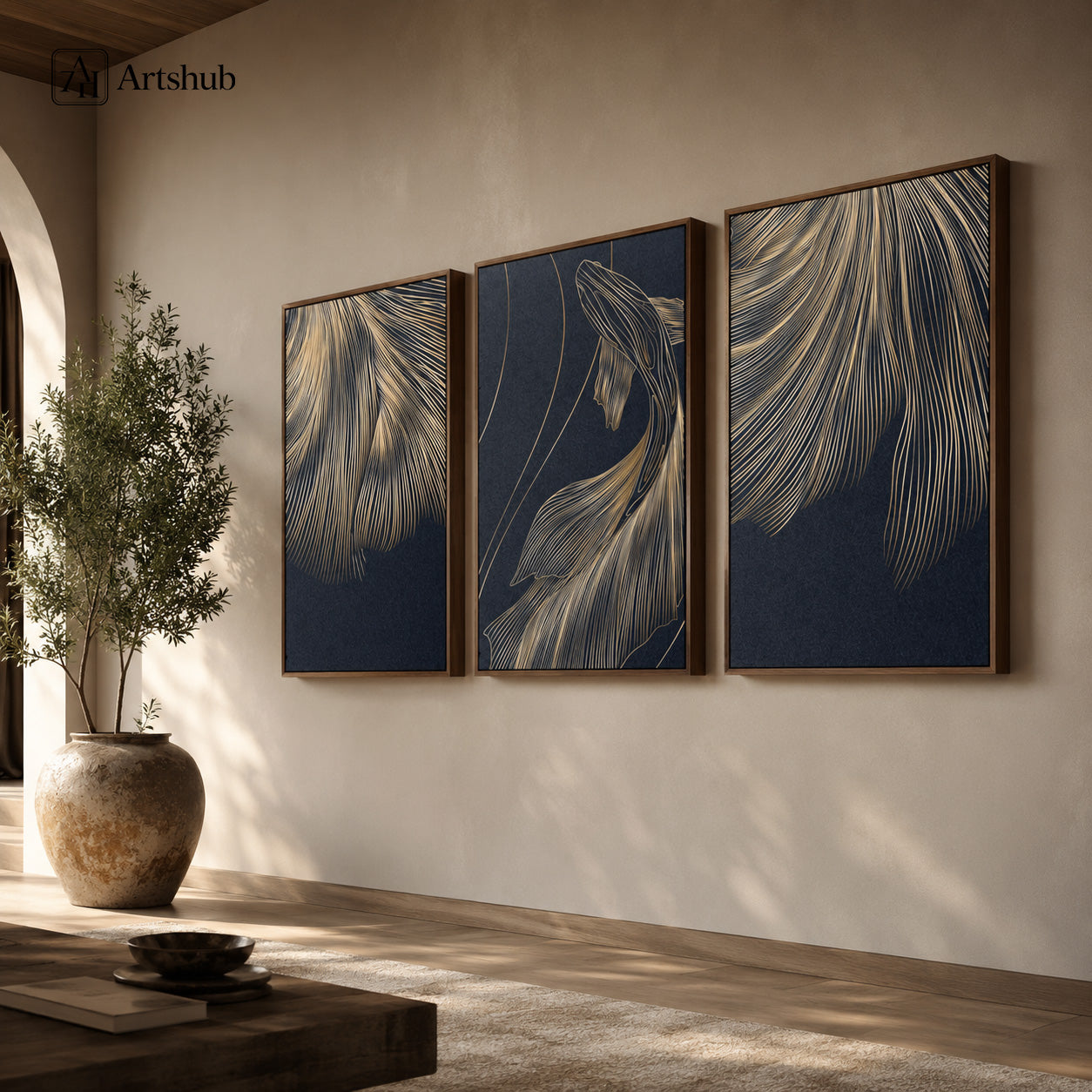 Artshub Golden Flow Navy Blue triptych 3 panel framed canvas wall art in Mediterranean entryway corridor with arched doorway olive tree and stone vase — gold navy walnut frame