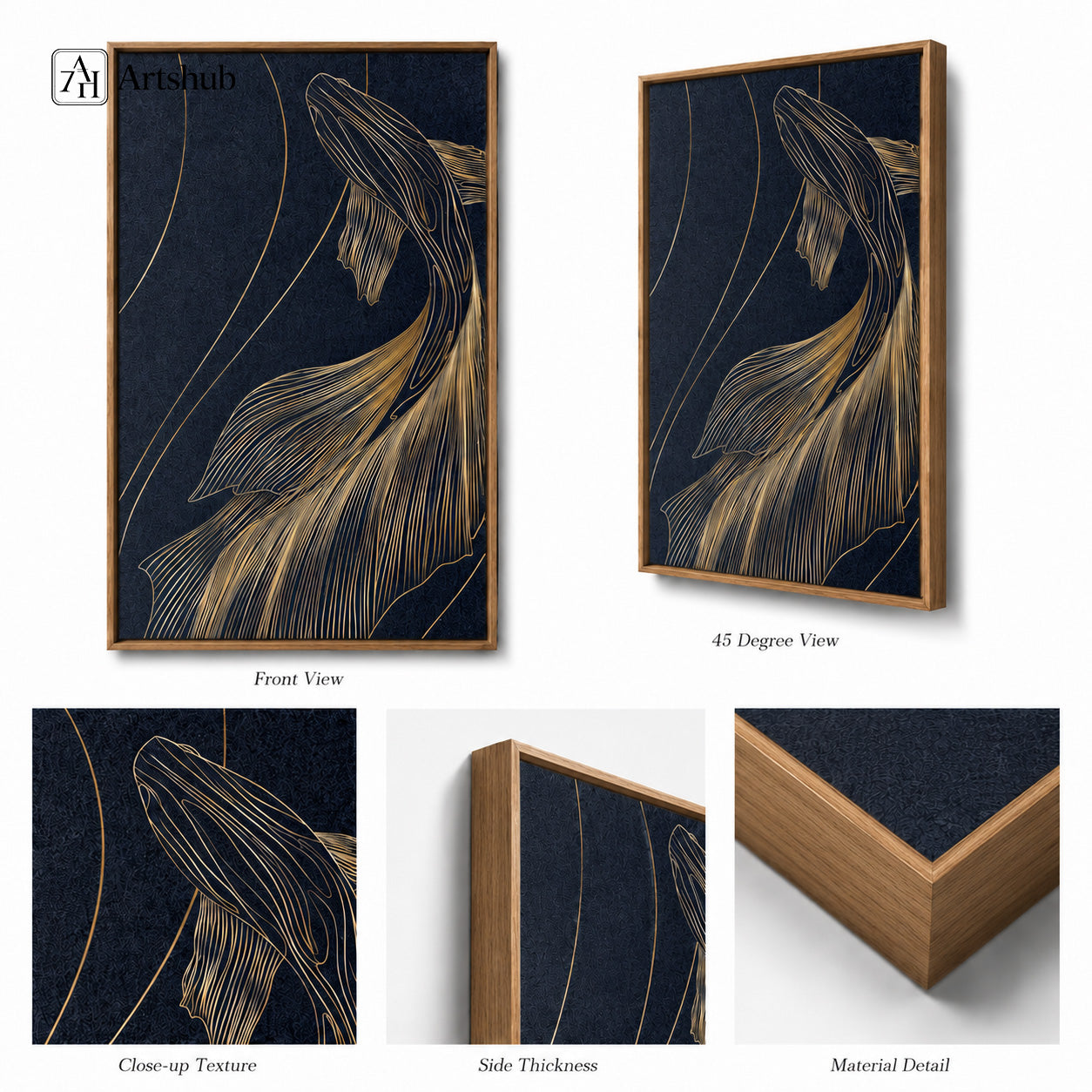 Artshub Golden Flow Navy Blue framed canvas product detail sheet — front view 45 degree close-up texture side thickness material detail gold fine-line feather navy blue walnut frame